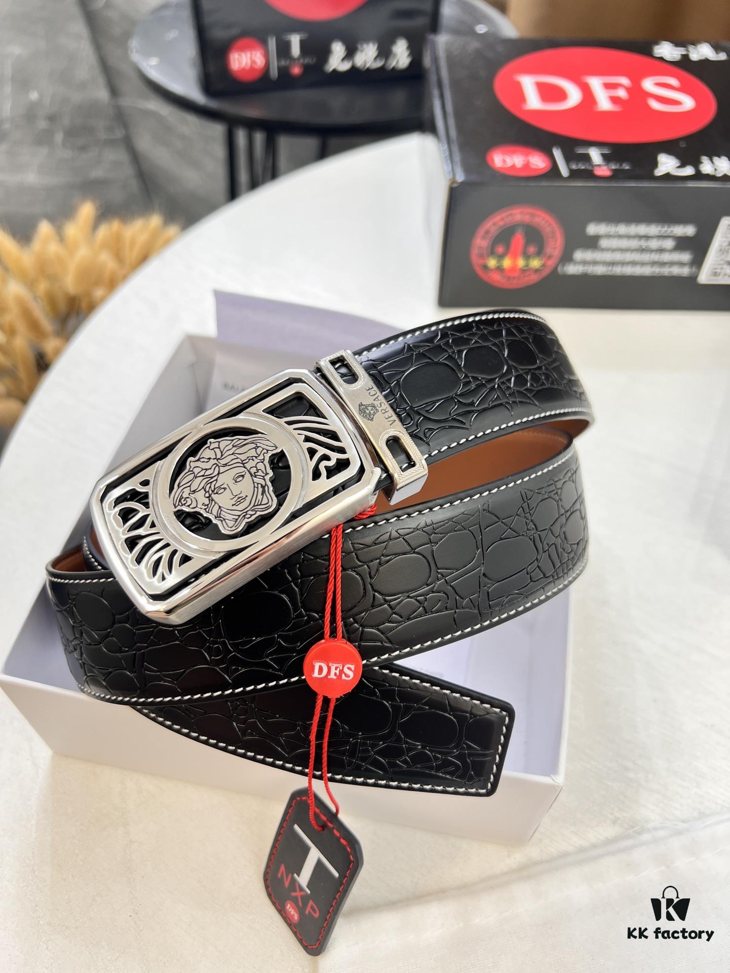 Versace Belt, New Arrival, Genuine Top-Layer Cowhide with Medusa Embossed Head, Fashion Streetwear Style, Soft Leather Texture, 3.8cm Width, Premium Quality with NXP Anti-Counterfeit Chip