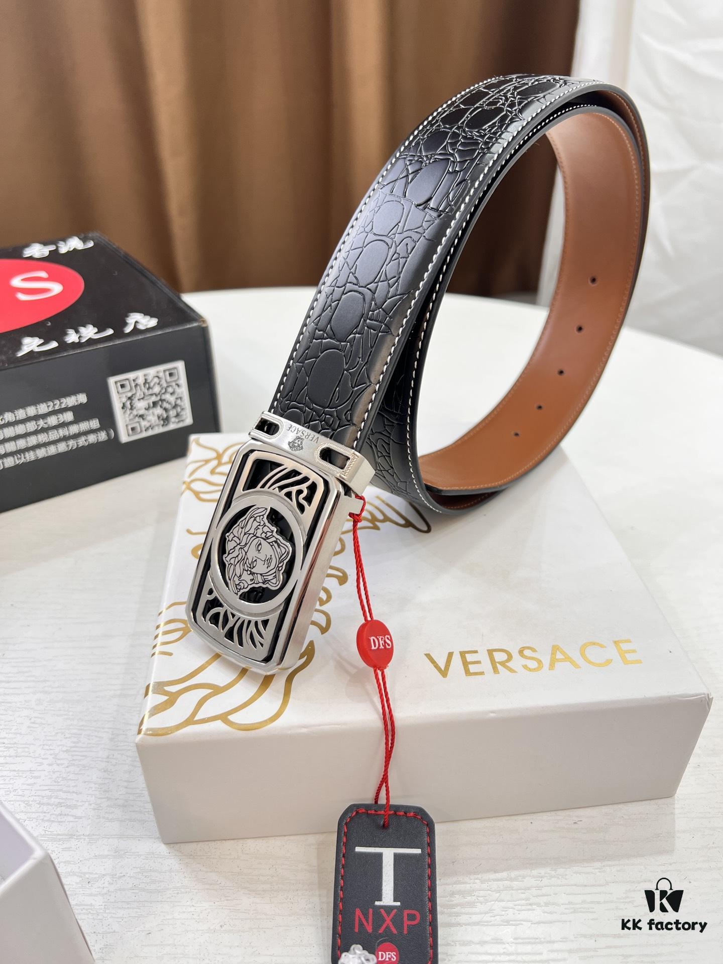 Versace Belt, New Arrival, Genuine Top-Layer Cowhide with Medusa Embossed Head, Fashion Streetwear Style, Soft Leather Texture, 3.8cm Width, Premium Quality with NXP Anti-Counterfeit Chip
