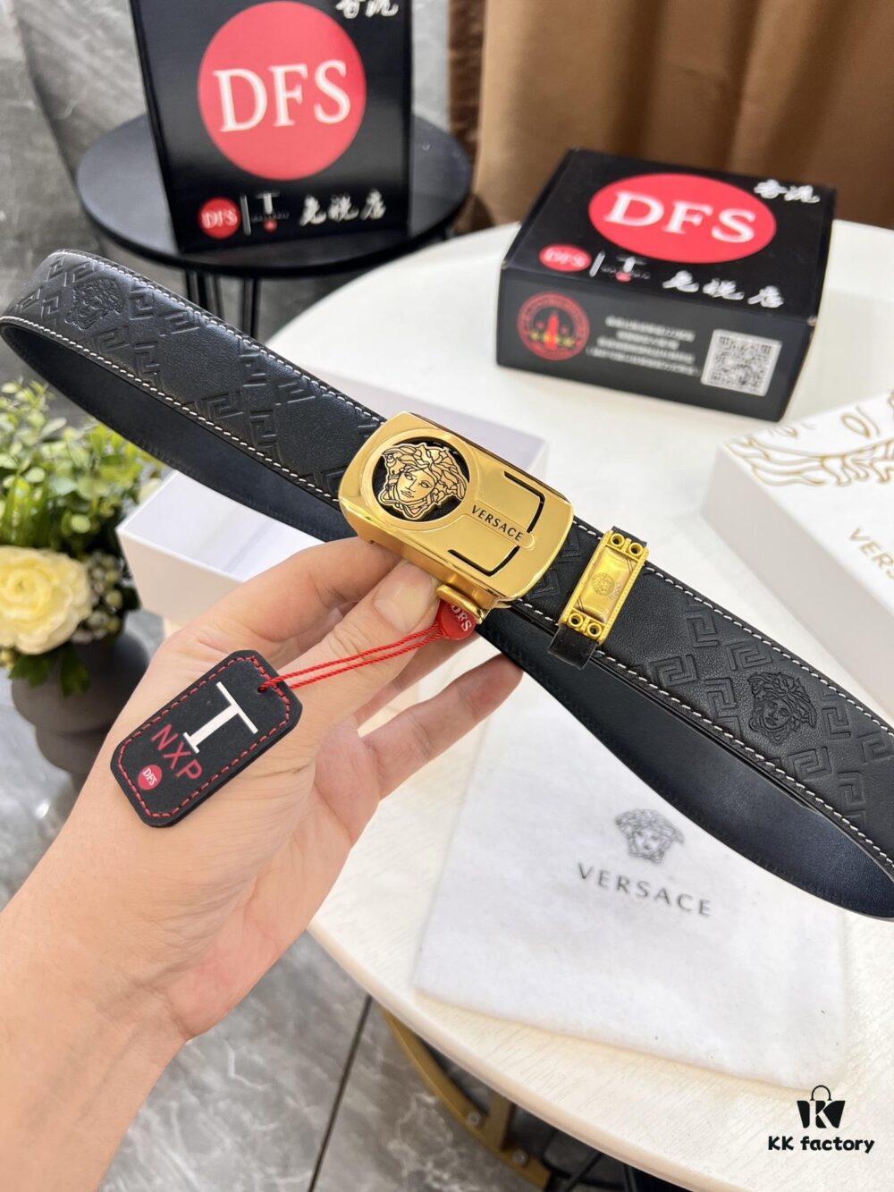 Versace Automatic Buckle Belt, Custom Embossed Top-Grade Imported Calfskin with Fine Grain, 3.5cm Width