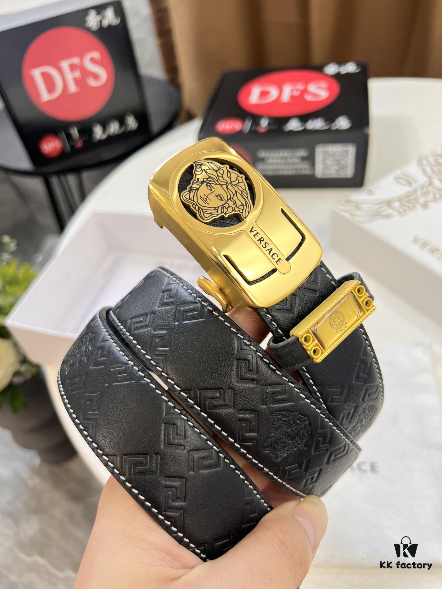 Versace Automatic Buckle Belt, Custom Embossed Top-Grade Imported Calfskin with Fine Grain, 3.5cm Width