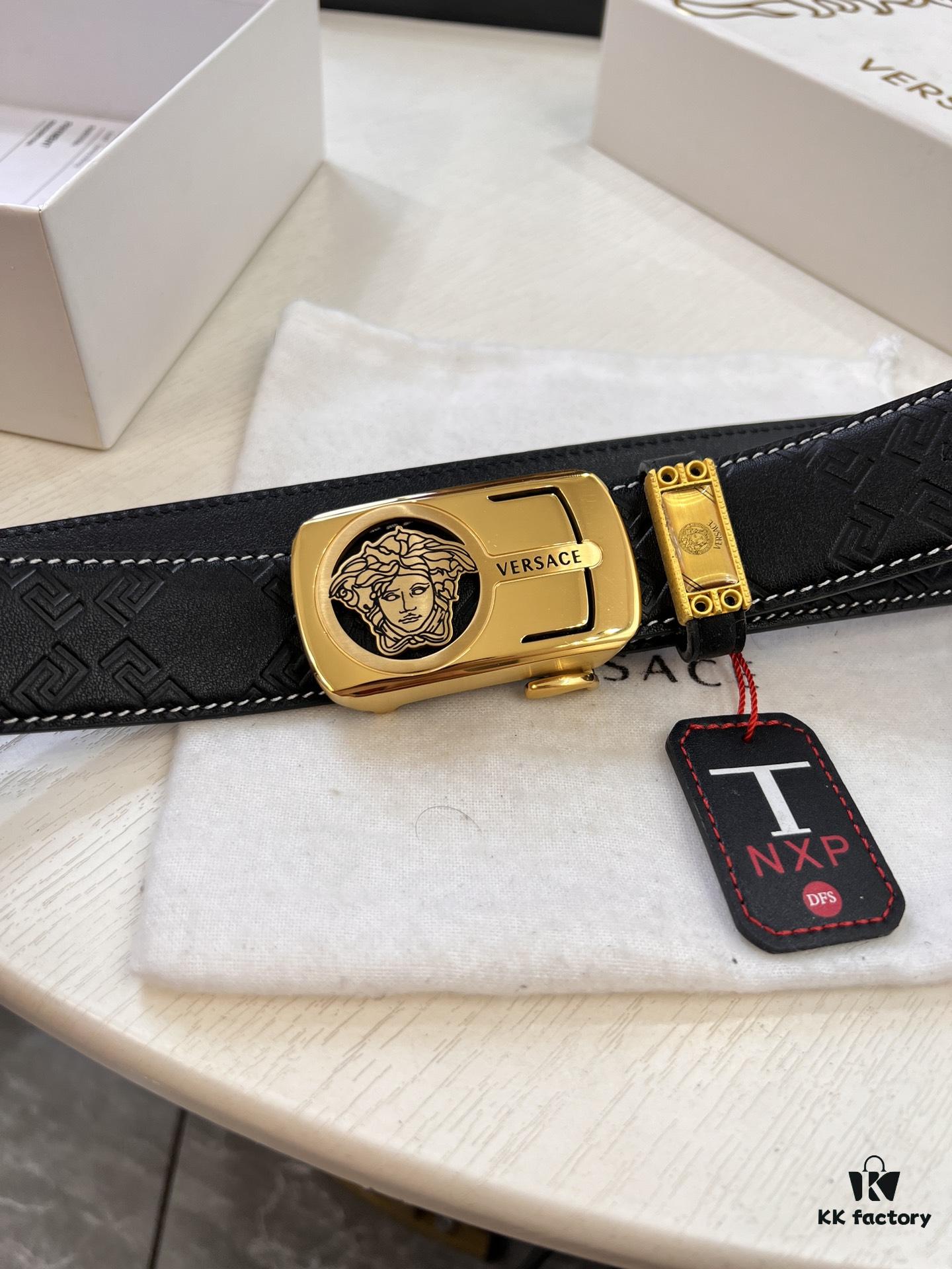 Versace Automatic Buckle Belt, Custom Embossed Top-Grade Imported Calfskin with Fine Grain, 3.5cm Width