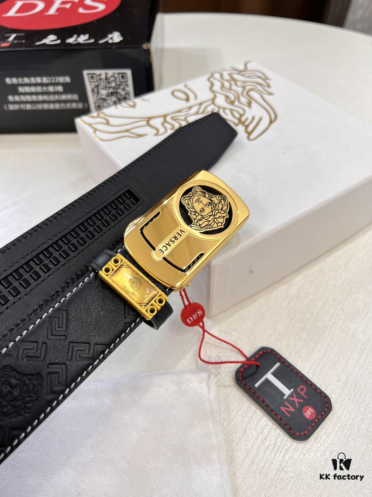 Versace Automatic Buckle Belt, Custom Embossed Top-Grade Imported Calfskin with Fine Grain, 3.5cm Width