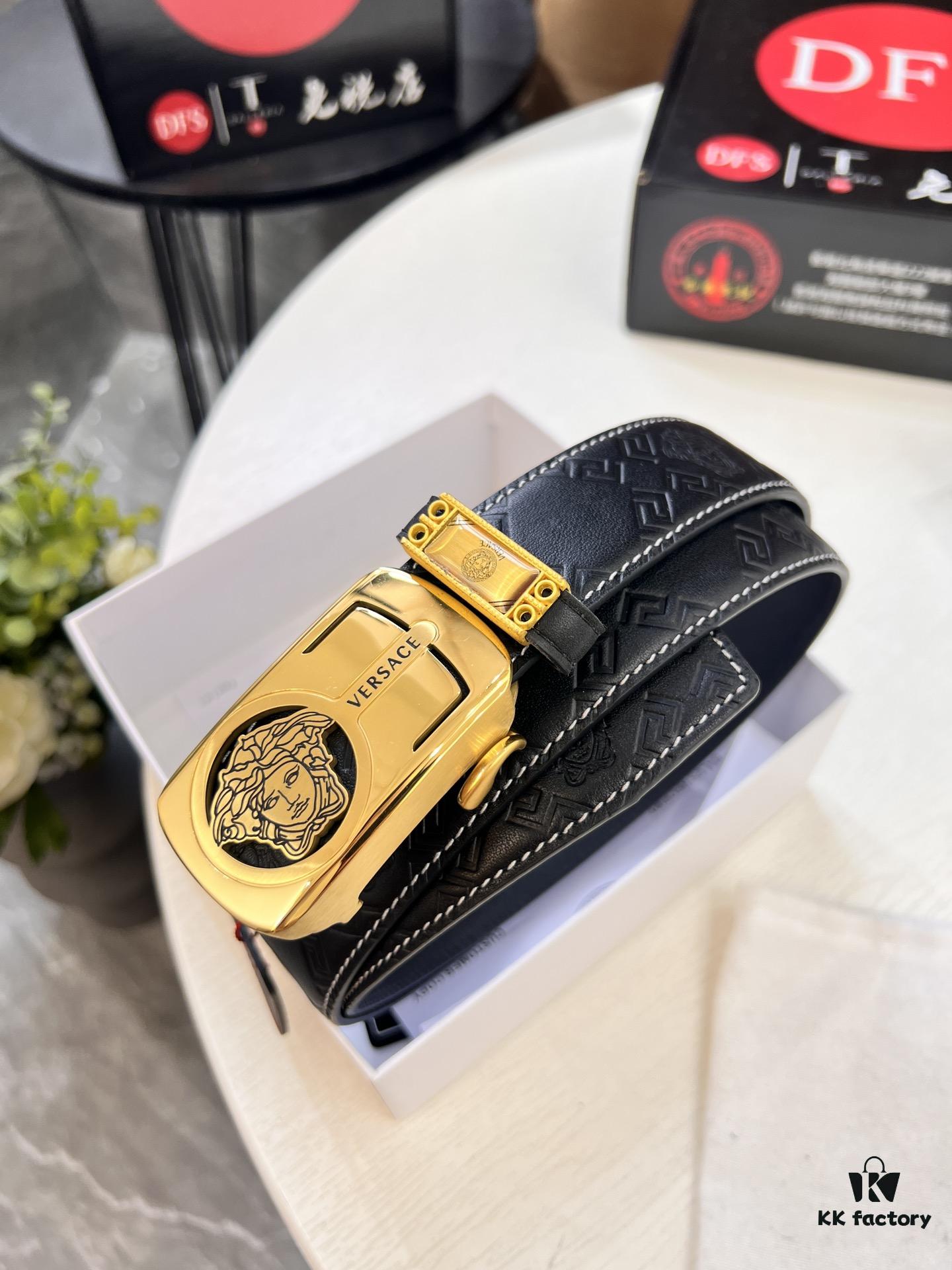 Versace Automatic Buckle Belt, Custom Embossed Top-Grade Imported Calfskin with Fine Grain, 3.5cm Width