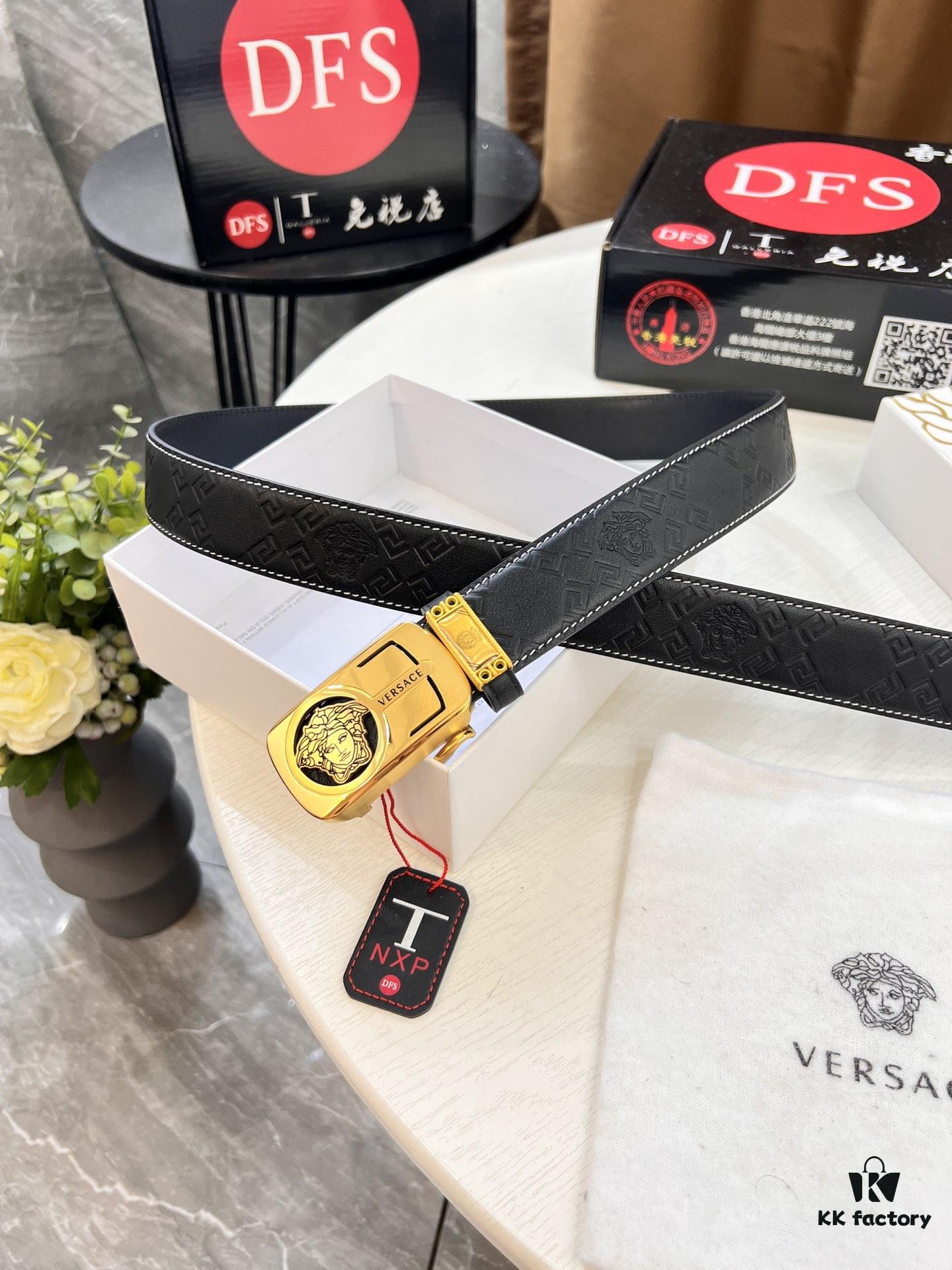 Versace Automatic Buckle Belt, Custom Embossed Top-Grade Imported Calfskin with Fine Grain, 3.5cm Width