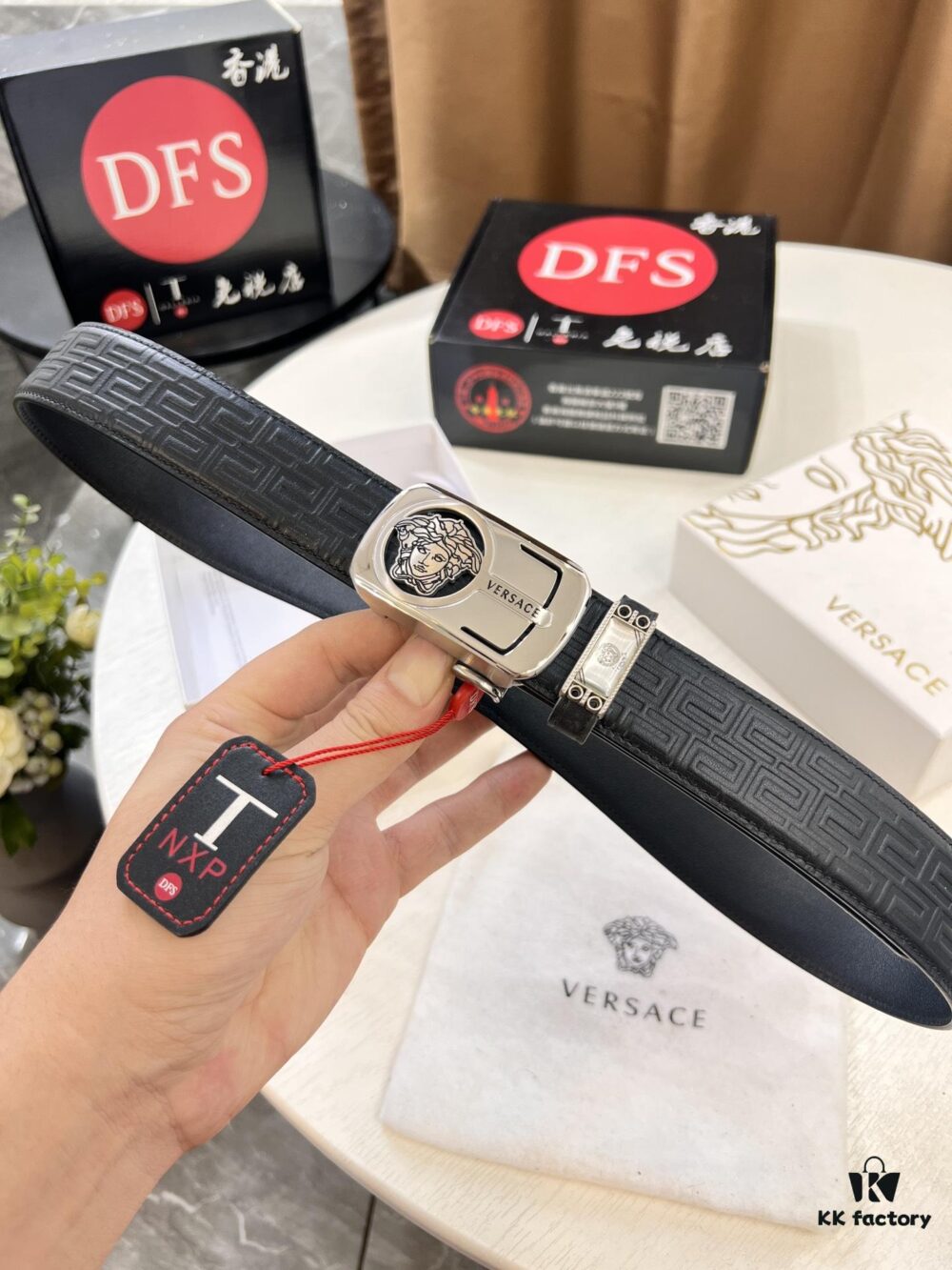 Versace Automatic Buckle Belt, Custom Embossed Top Grain Imported Leather with Fine Calfskin, 3.5cm Width