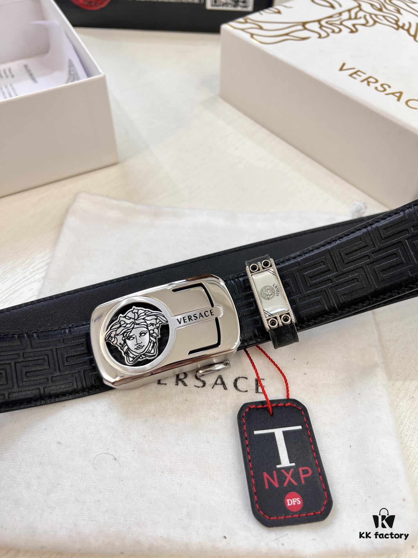 Versace Automatic Buckle Belt, Custom Embossed Top Grain Imported Leather with Fine Calfskin, 3.5cm Width