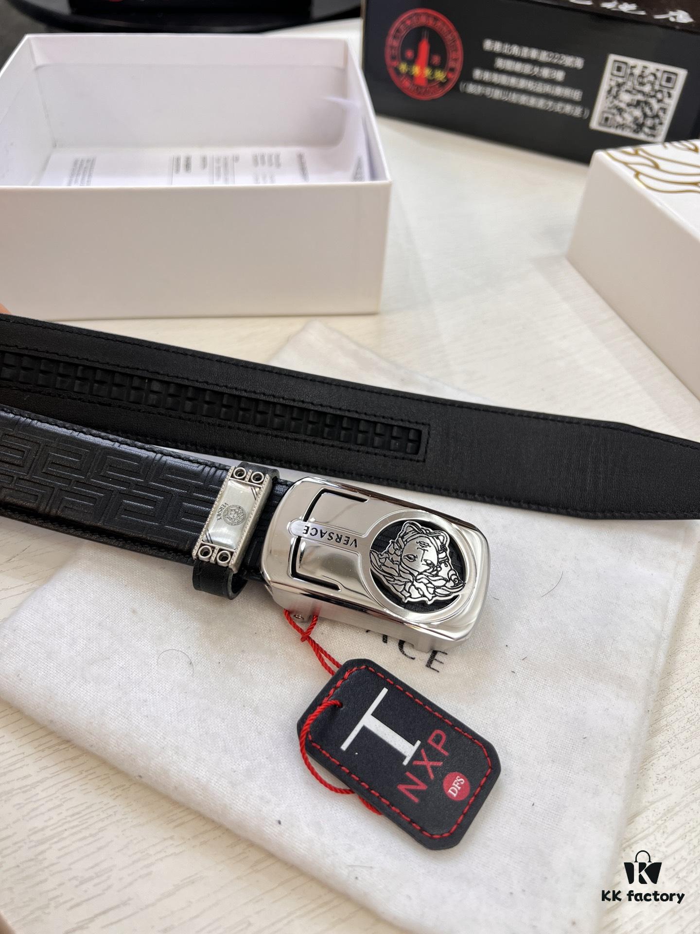 Versace Automatic Buckle Belt, Custom Embossed Top Grain Imported Leather with Fine Calfskin, 3.5cm Width