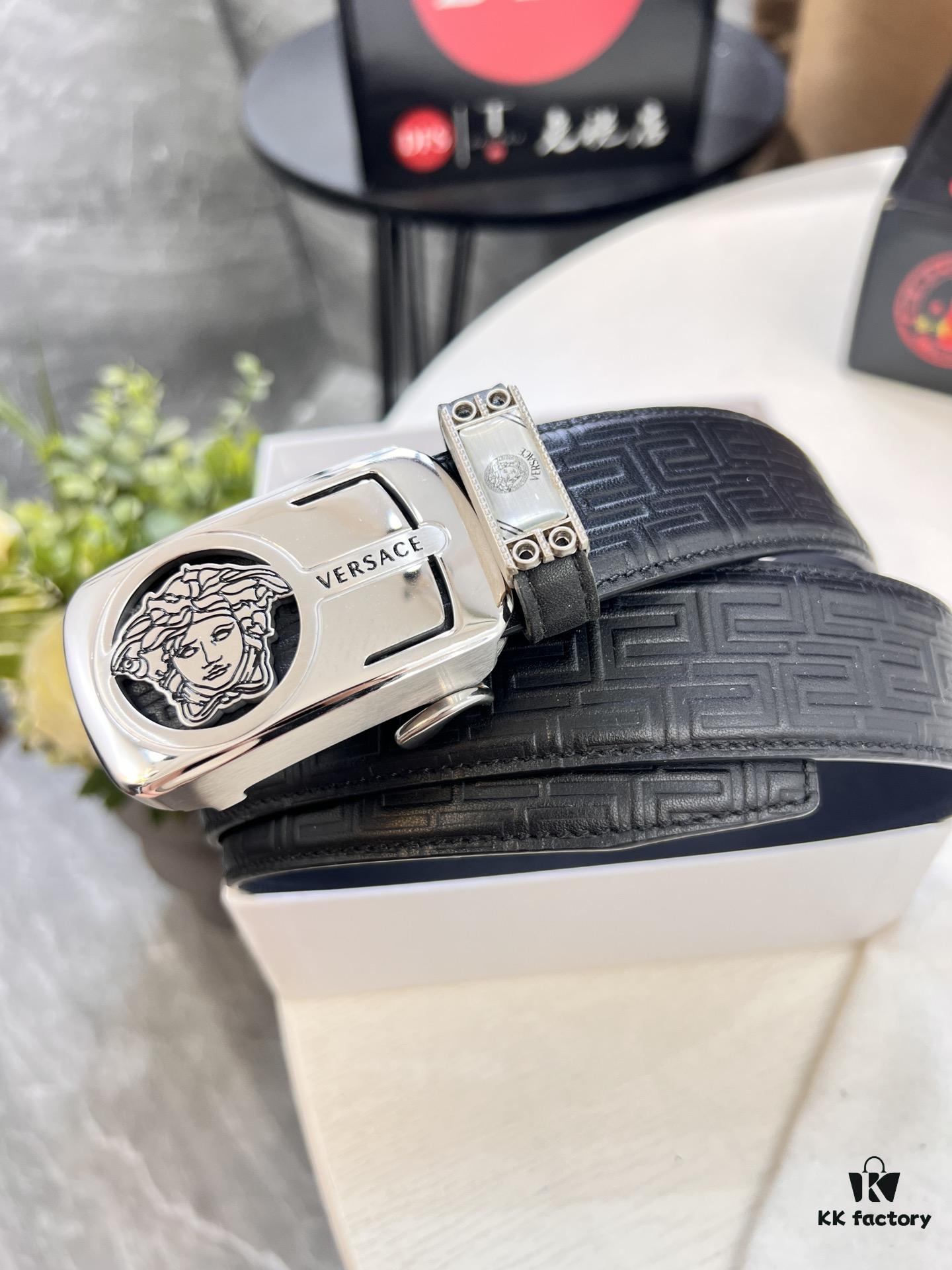 Versace Automatic Buckle Belt, Custom Embossed Top Grain Imported Leather with Fine Calfskin, 3.5cm Width