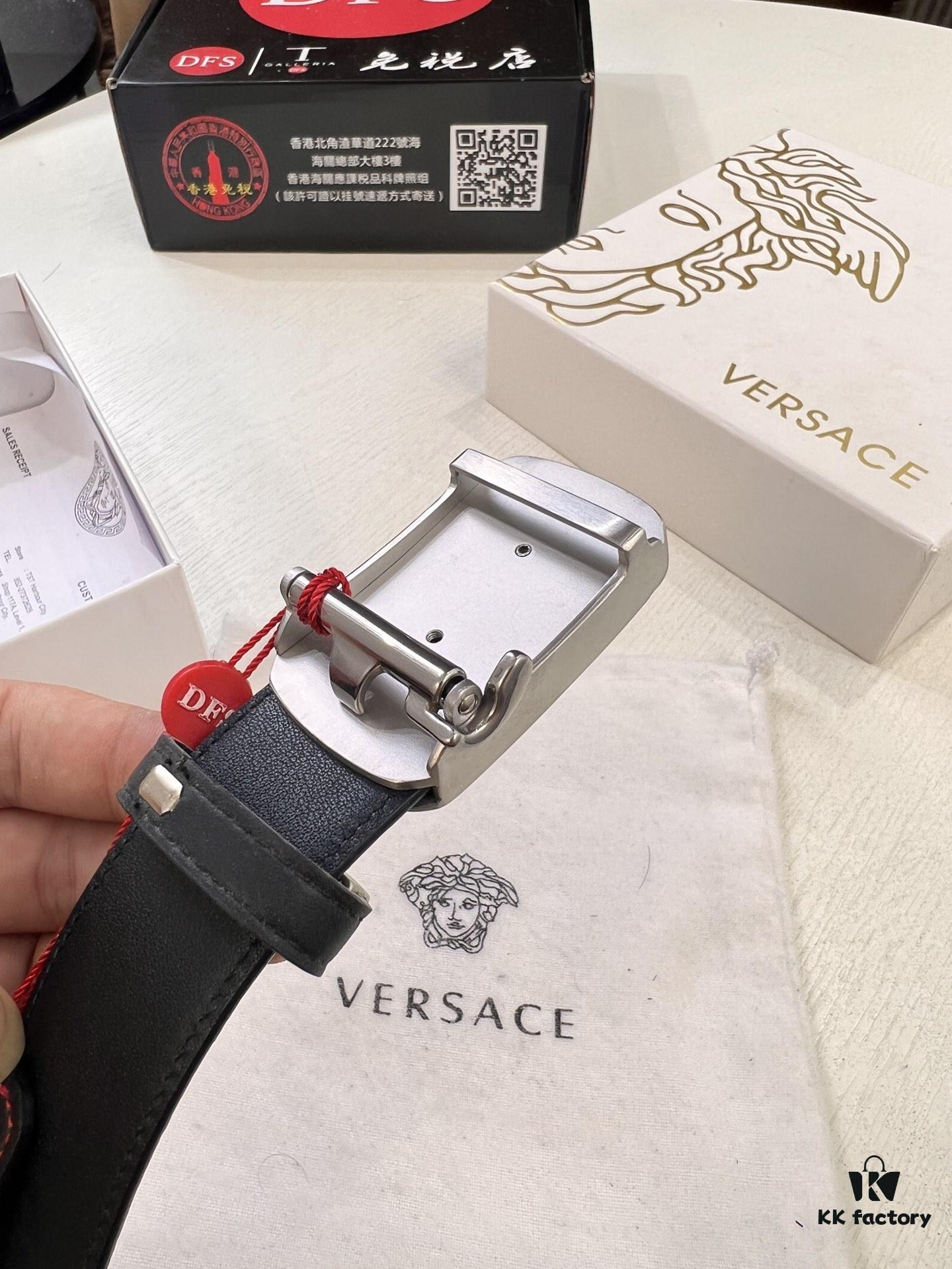 Versace Automatic Buckle Belt, Custom Embossed Top Grain Imported Leather with Fine Calfskin, 3.5cm Width