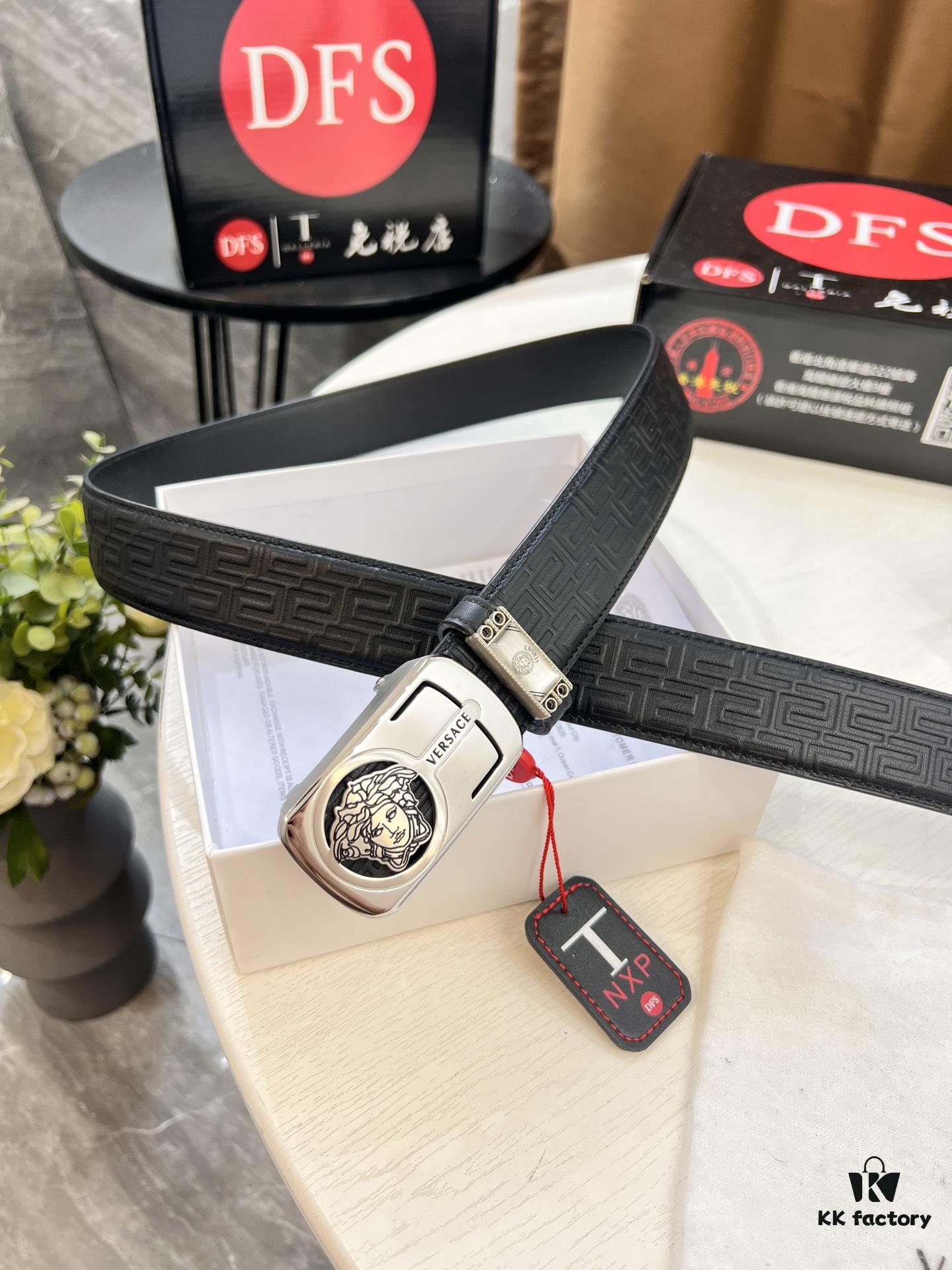 Versace Automatic Buckle Belt, Custom Embossed Top Grain Imported Leather with Fine Calfskin, 3.5cm Width