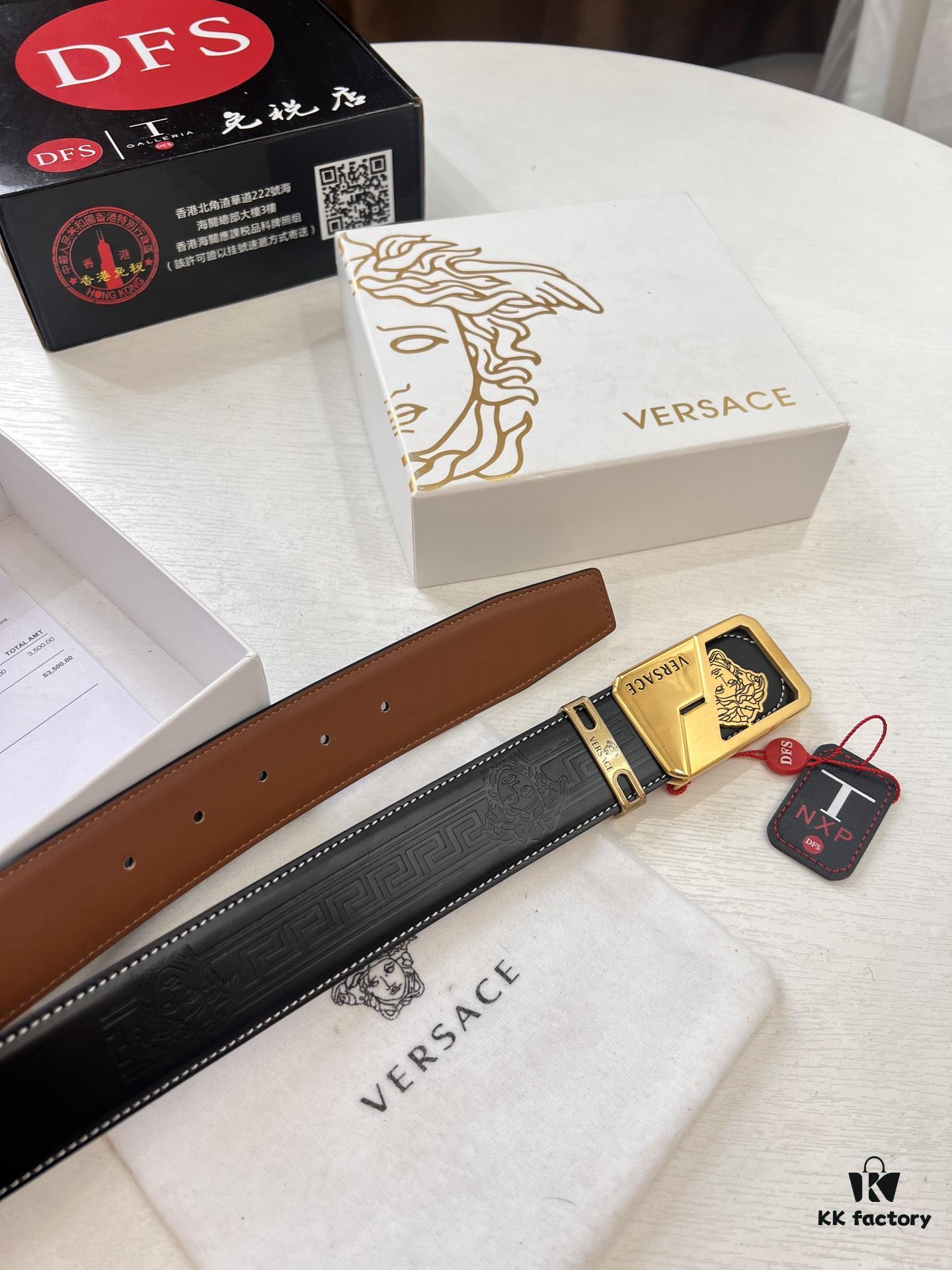 Versace Belt New Model, Top-Quality Genuine Leather with Medusa Head Embossing, Fashionable Brand Belt with Soft Leather Feel and Steel Hardware