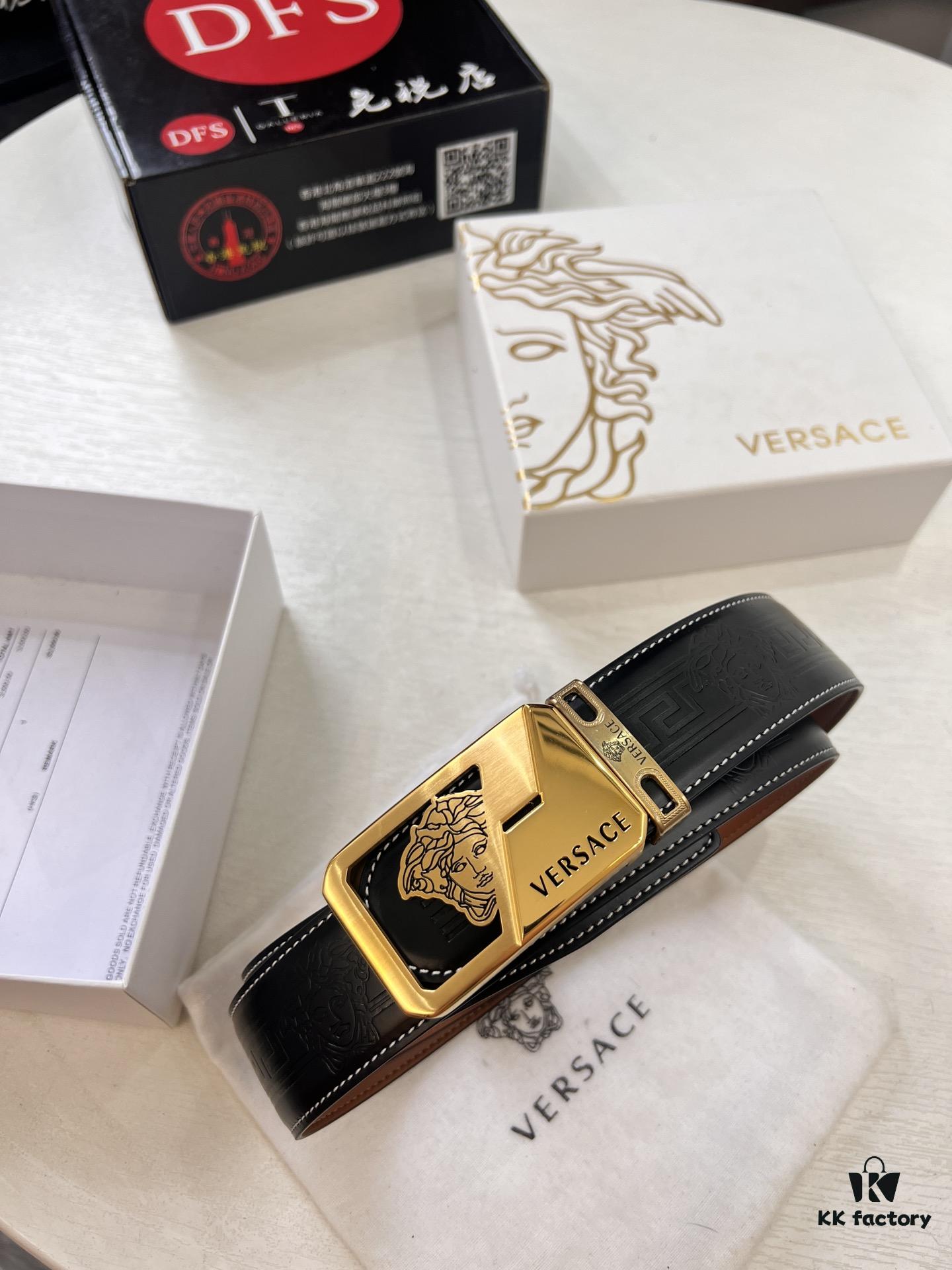 Versace Belt New Model, Top-Quality Genuine Leather with Medusa Head Embossing, Fashionable Brand Belt with Soft Leather Feel and Steel Hardware