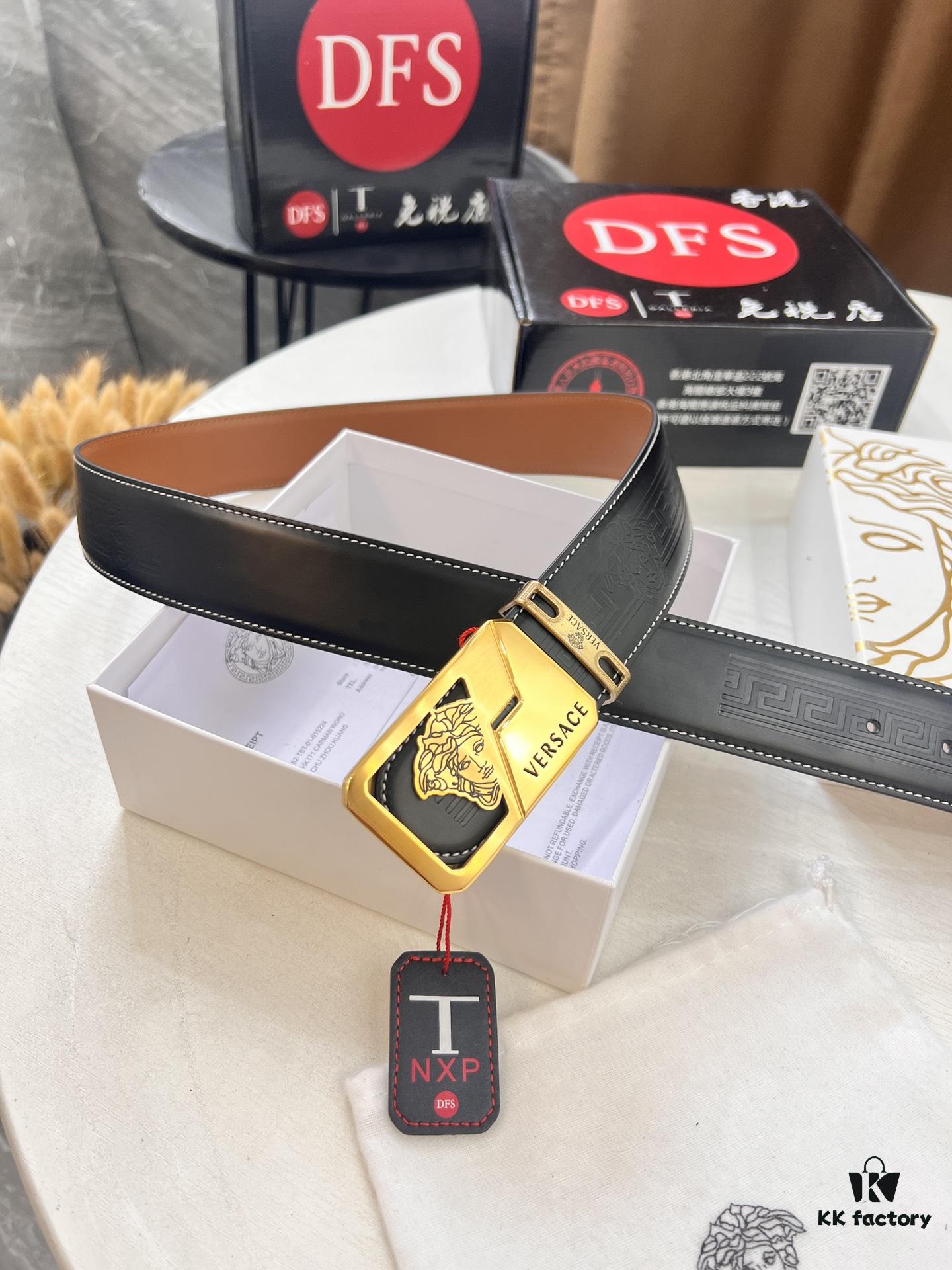 Versace Belt New Model, Top-Quality Genuine Leather with Medusa Head Embossing, Fashionable Brand Belt with Soft Leather Feel and Steel Hardware