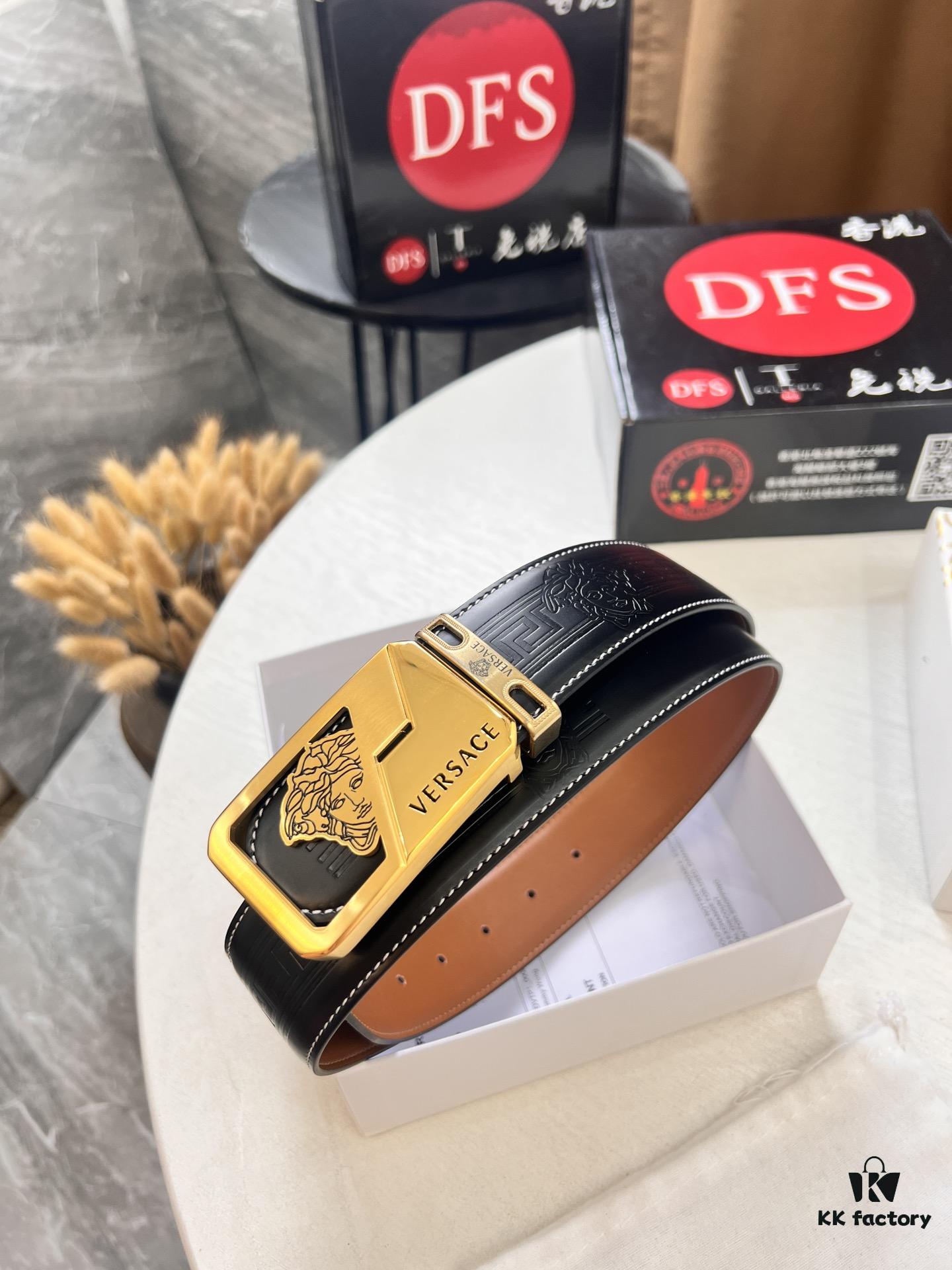 Versace Belt New Model, Top-Quality Genuine Leather with Medusa Head Embossing, Fashionable Brand Belt with Soft Leather Feel and Steel Hardware