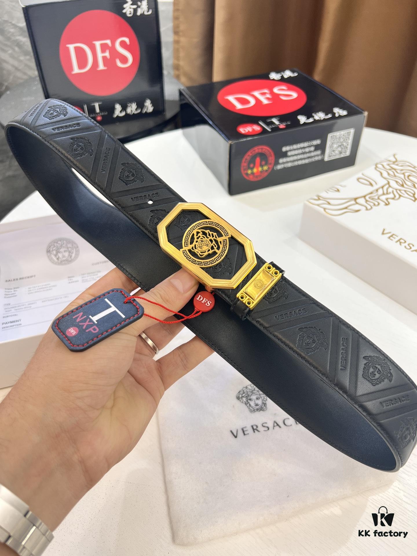 Versace Belt, New Arrival, Top-Quality Genuine Leather with Medusa Head Embossing, Fashionable Streetwear Style, Soft Leather Texture, Precision Stainless Steel Hardware, 3.8cm Width