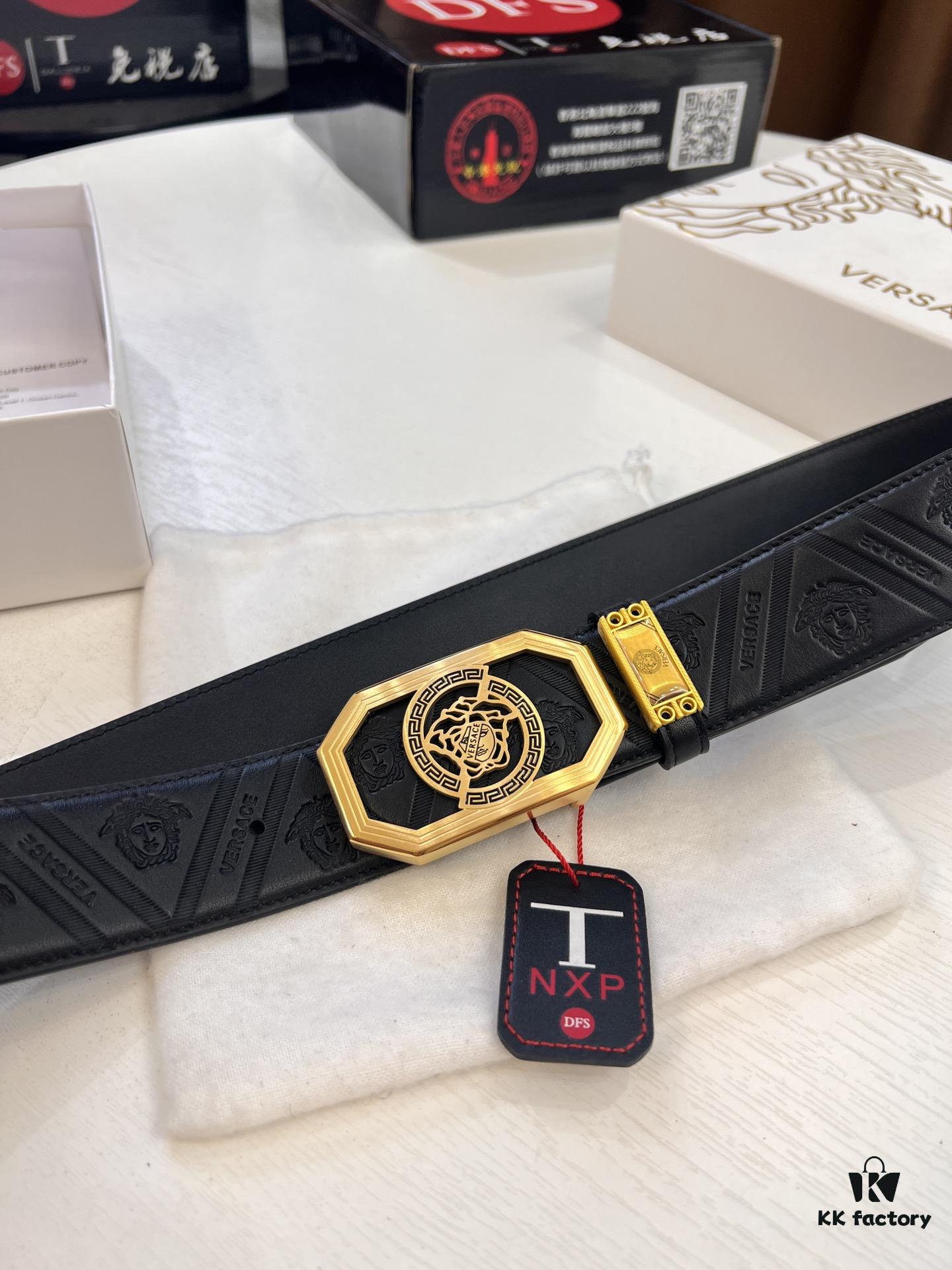 Versace Belt, New Arrival, Top-Quality Genuine Leather with Medusa Head Embossing, Fashionable Streetwear Style, Soft Leather Texture, Precision Stainless Steel Hardware, 3.8cm Width