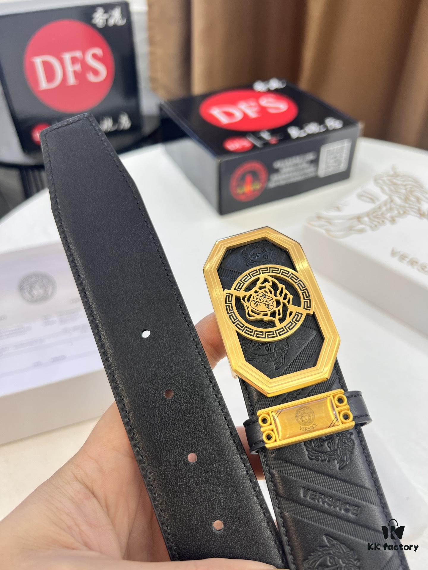 Versace Belt, New Arrival, Top-Quality Genuine Leather with Medusa Head Embossing, Fashionable Streetwear Style, Soft Leather Texture, Precision Stainless Steel Hardware, 3.8cm Width