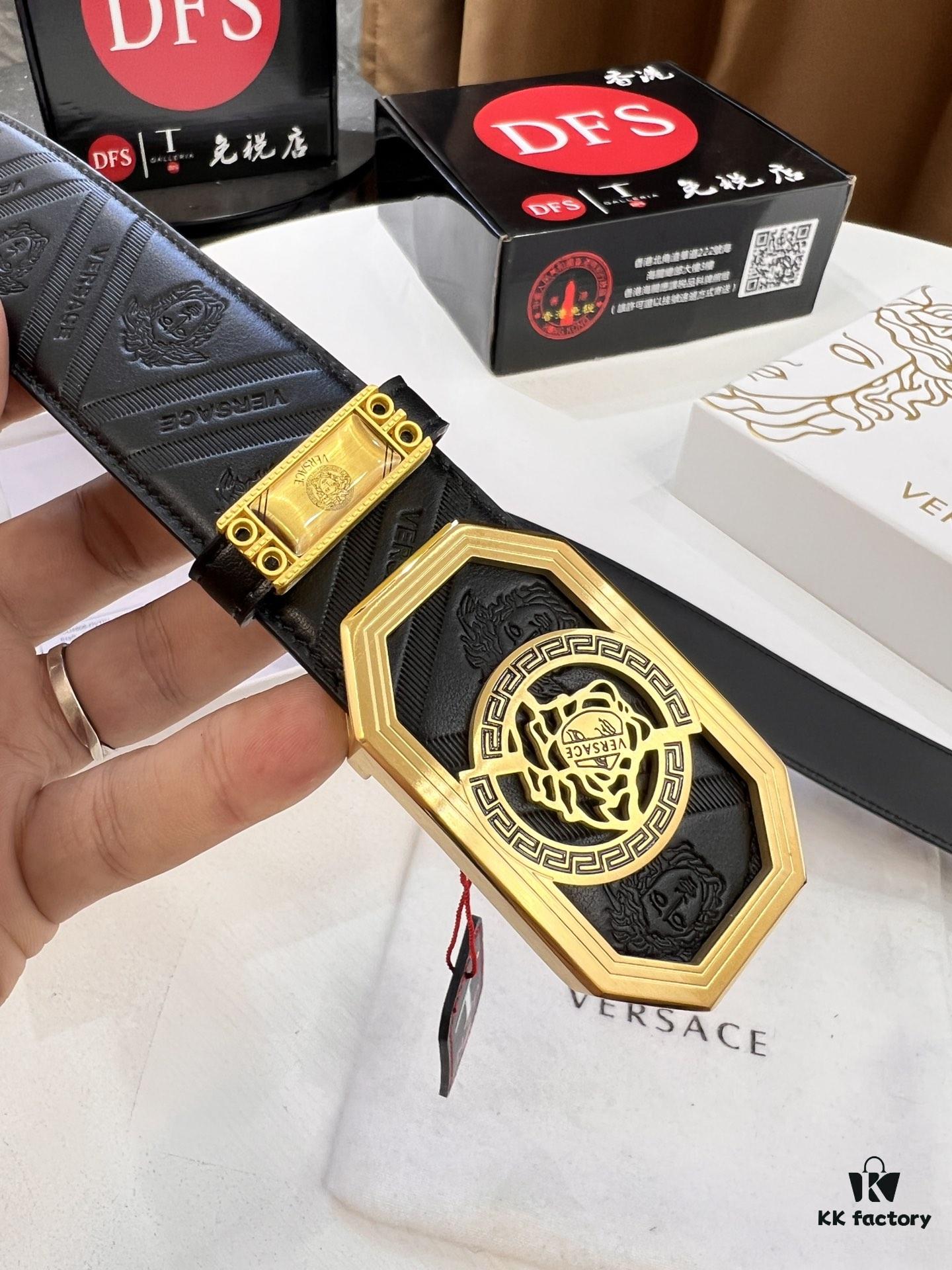 Versace Belt, New Arrival, Top-Quality Genuine Leather with Medusa Head Embossing, Fashionable Streetwear Style, Soft Leather Texture, Precision Stainless Steel Hardware, 3.8cm Width