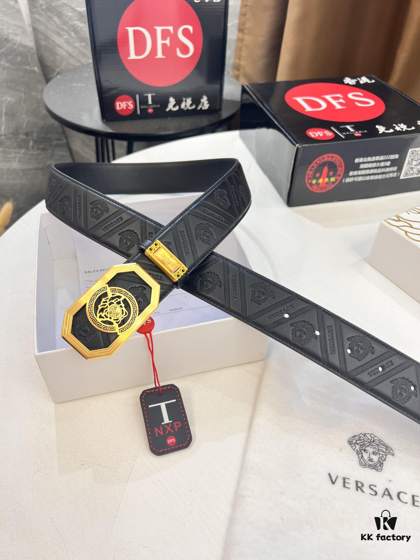Versace Belt, New Arrival, Top-Quality Genuine Leather with Medusa Head Embossing, Fashionable Streetwear Style, Soft Leather Texture, Precision Stainless Steel Hardware, 3.8cm Width
