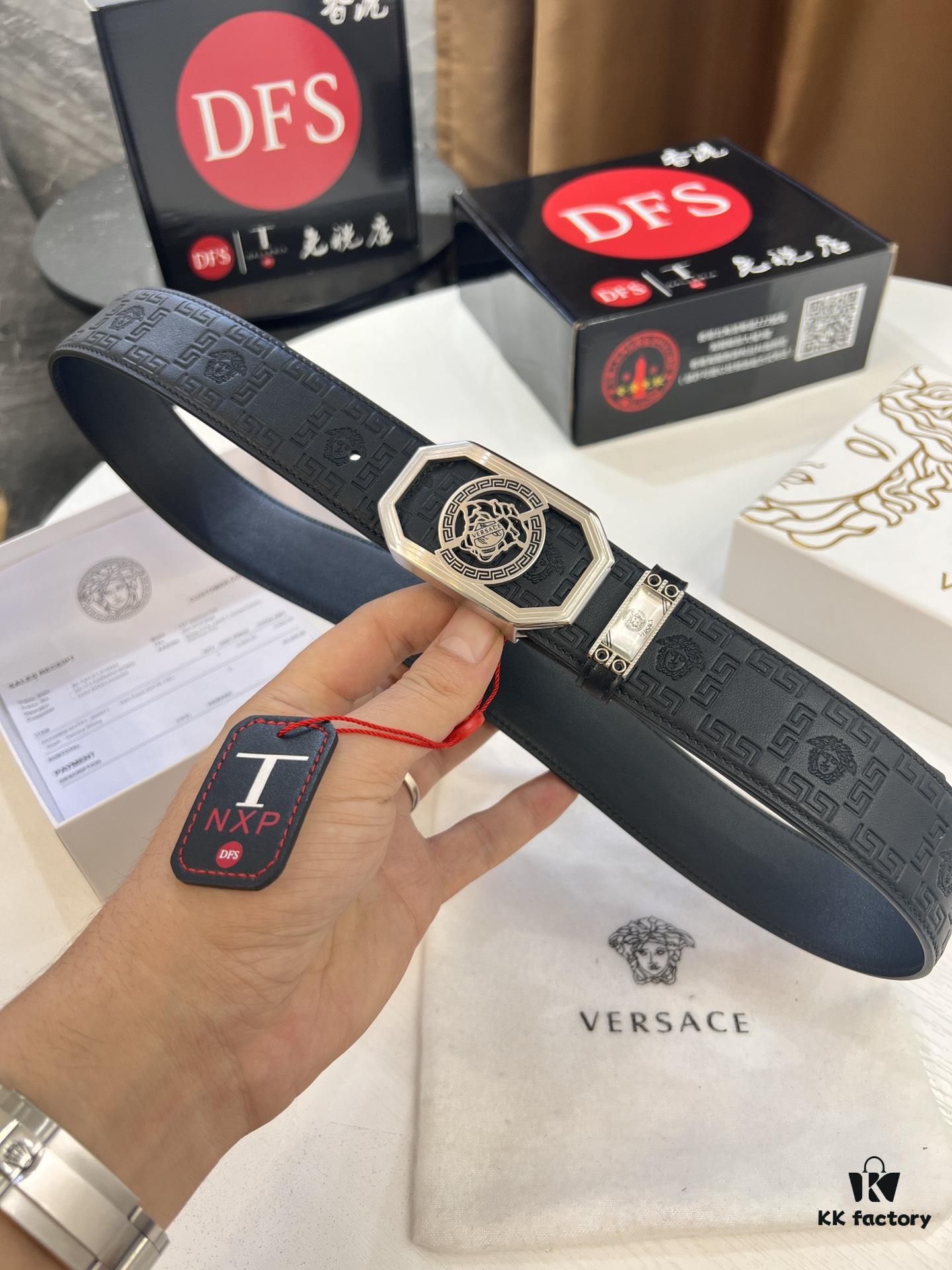 Versace Belt, New Arrival, Top-Quality Genuine Leather with Medusa Head Embossing, Fashionable Design, Soft Full-Grain Cowhide, Premium Stainless Steel Hardware, 3.8cm Width