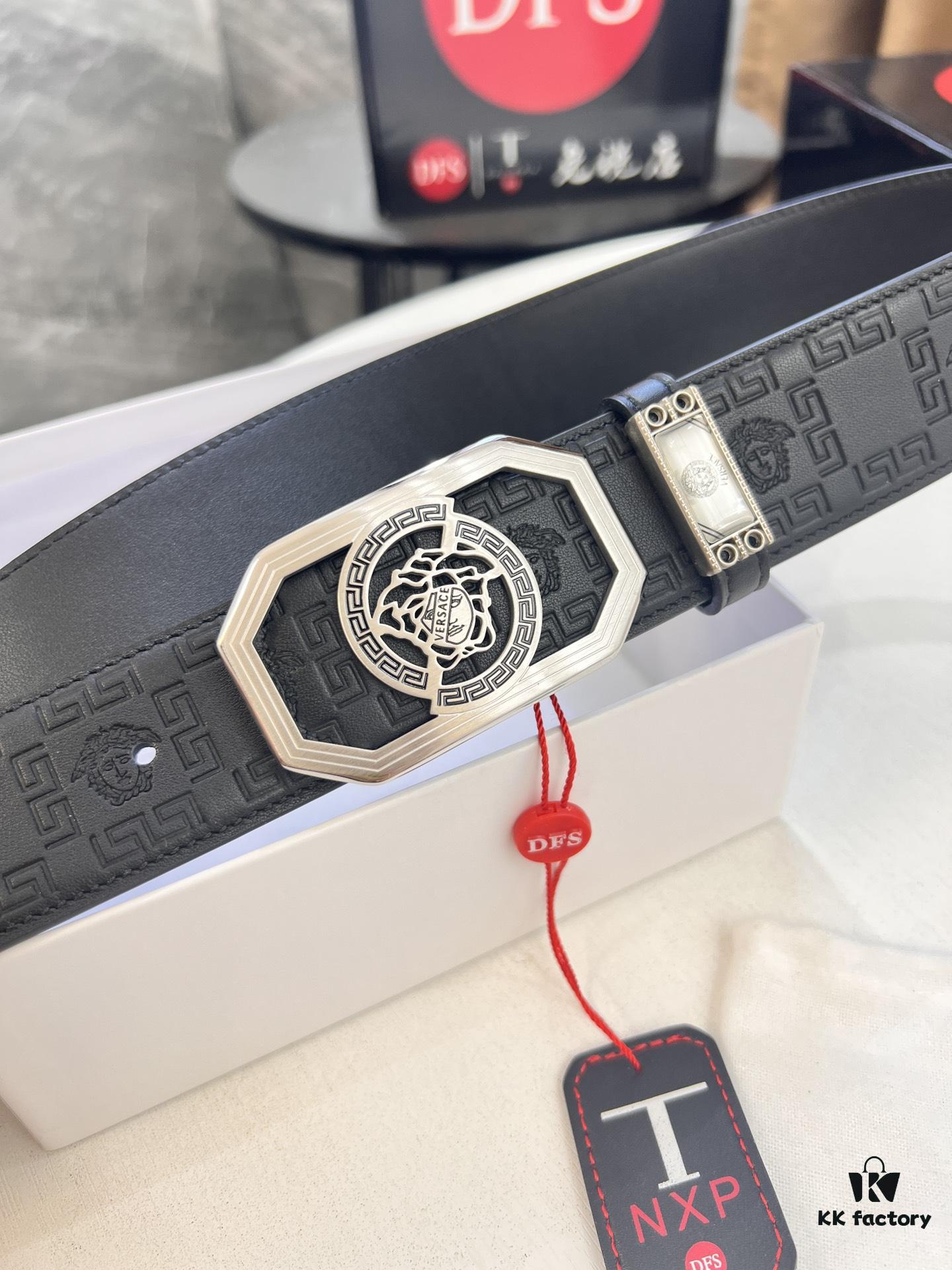 Versace Belt, New Arrival, Top-Quality Genuine Leather with Medusa Head Embossing, Fashionable Design, Soft Full-Grain Cowhide, Premium Stainless Steel Hardware, 3.8cm Width