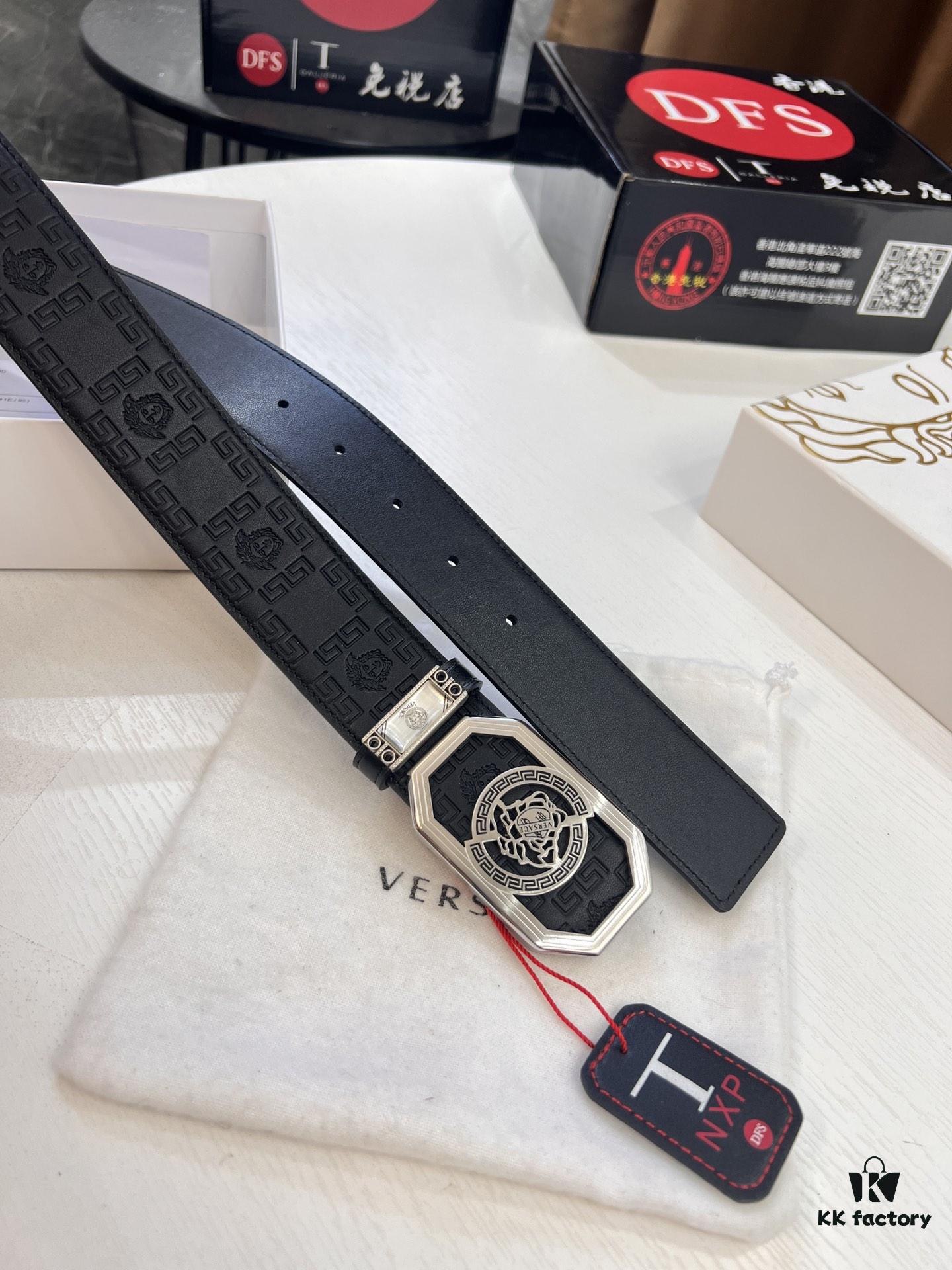 Versace Belt, New Arrival, Top-Quality Genuine Leather with Medusa Head Embossing, Fashionable Design, Soft Full-Grain Cowhide, Premium Stainless Steel Hardware, 3.8cm Width