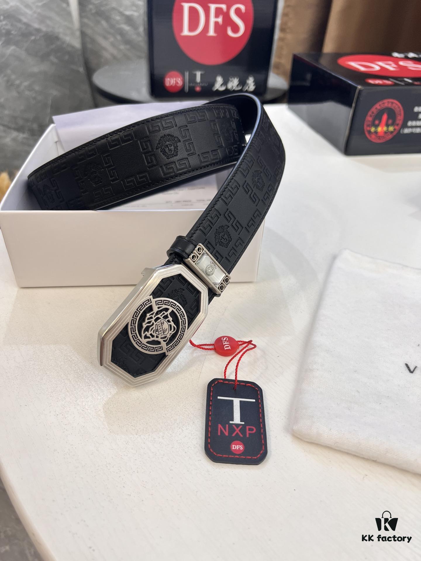 Versace Belt, New Arrival, Top-Quality Genuine Leather with Medusa Head Embossing, Fashionable Design, Soft Full-Grain Cowhide, Premium Stainless Steel Hardware, 3.8cm Width