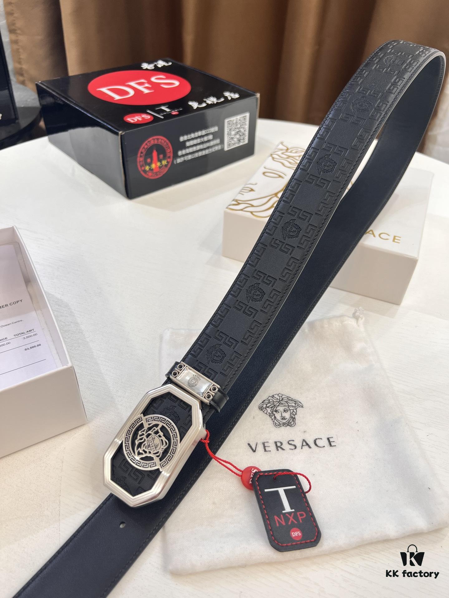 Versace Belt, New Arrival, Top-Quality Genuine Leather with Medusa Head Embossing, Fashionable Design, Soft Full-Grain Cowhide, Premium Stainless Steel Hardware, 3.8cm Width