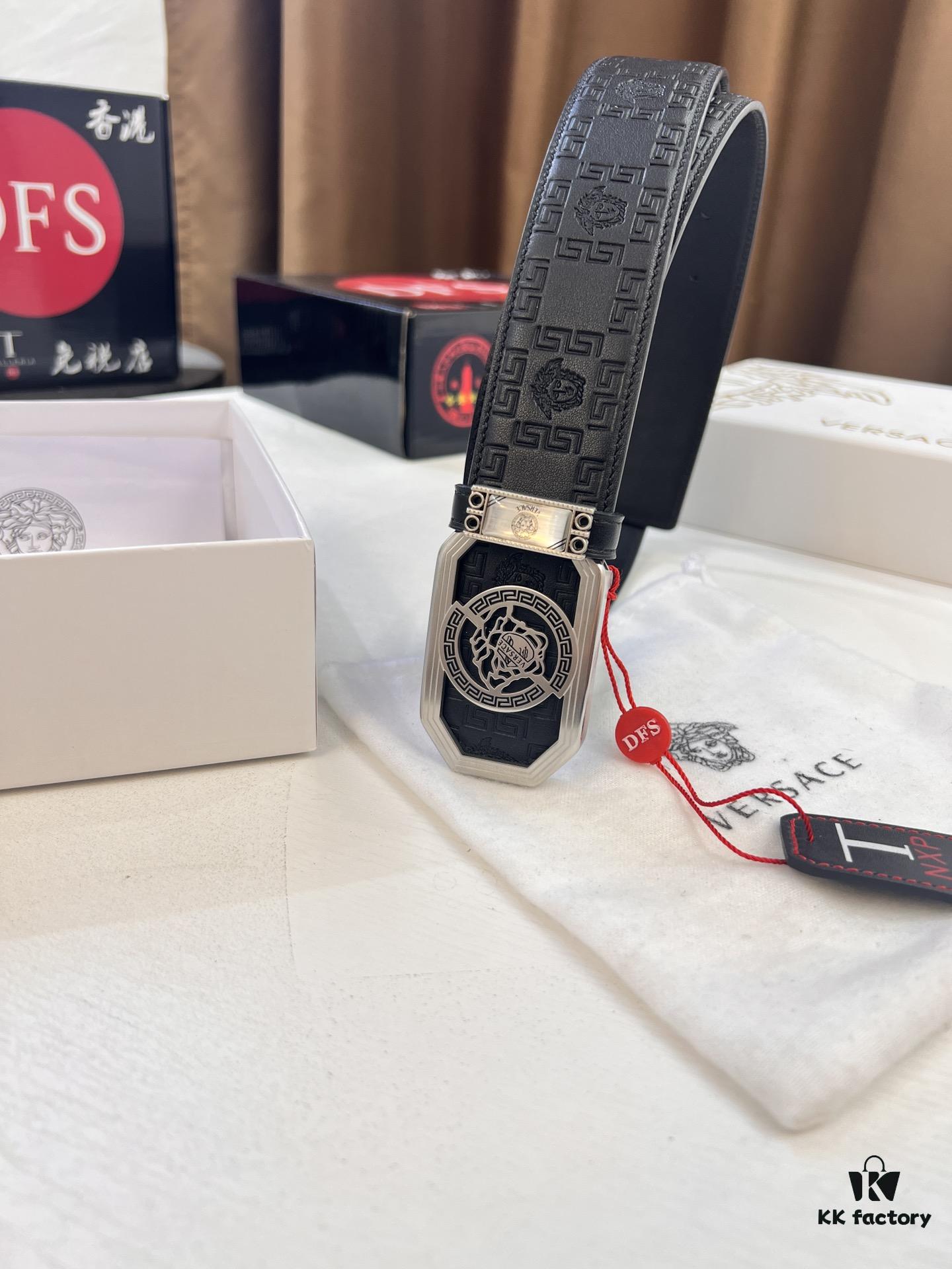 Versace Belt, New Arrival, Top-Quality Genuine Leather with Medusa Head Embossing, Fashionable Design, Soft Full-Grain Cowhide, Premium Stainless Steel Hardware, 3.8cm Width