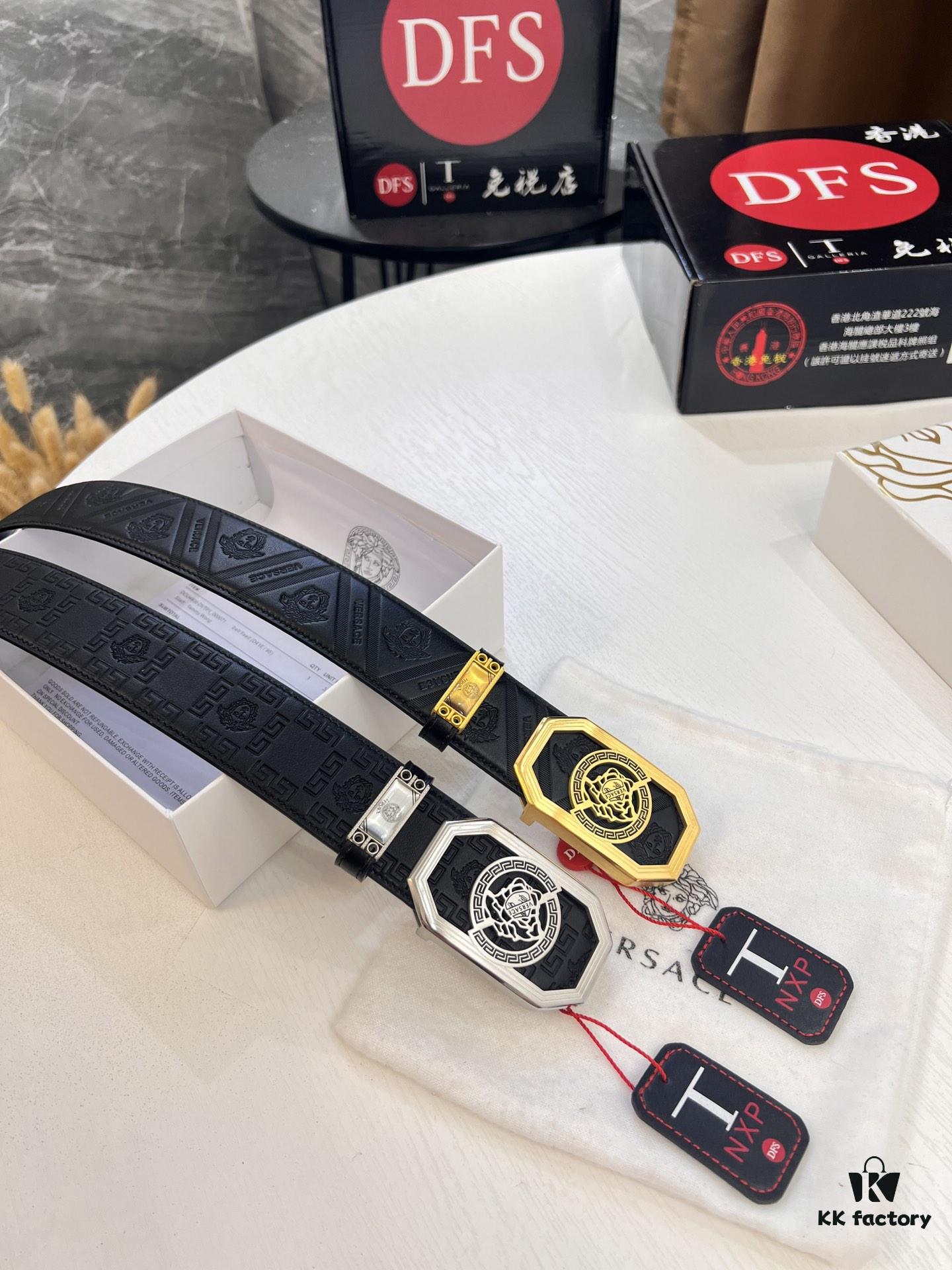 Versace Belt, New Arrival, Top-Quality Genuine Leather with Medusa Head Embossing, Fashionable Design, Soft Full-Grain Cowhide, Premium Stainless Steel Hardware, 3.8cm Width
