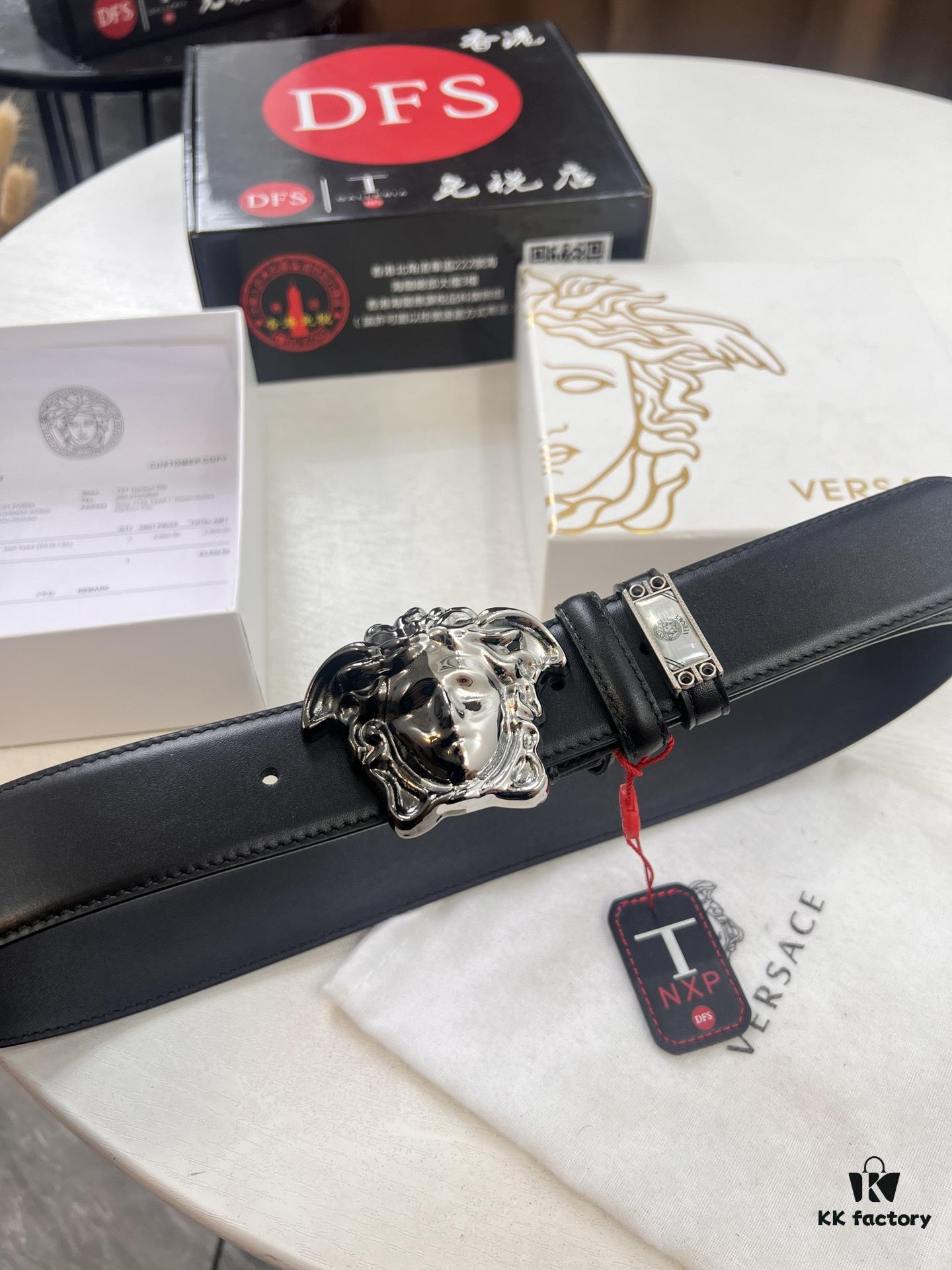 Versace Medusa Belt - Original Order, Italian Imported Calfskin with Crocodile Texture, 3.8cm Width, Authentic Hardware, Hong Kong Duty-Free Gift Box