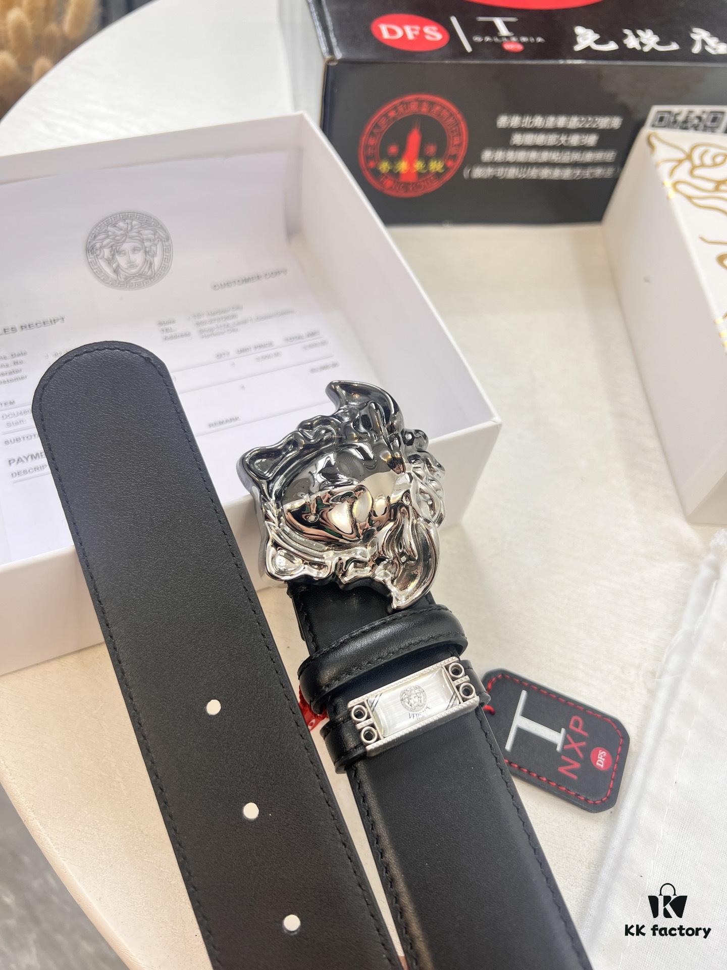 Versace Medusa Belt - Original Order, Italian Imported Calfskin with Crocodile Texture, 3.8cm Width, Authentic Hardware, Hong Kong Duty-Free Gift Box