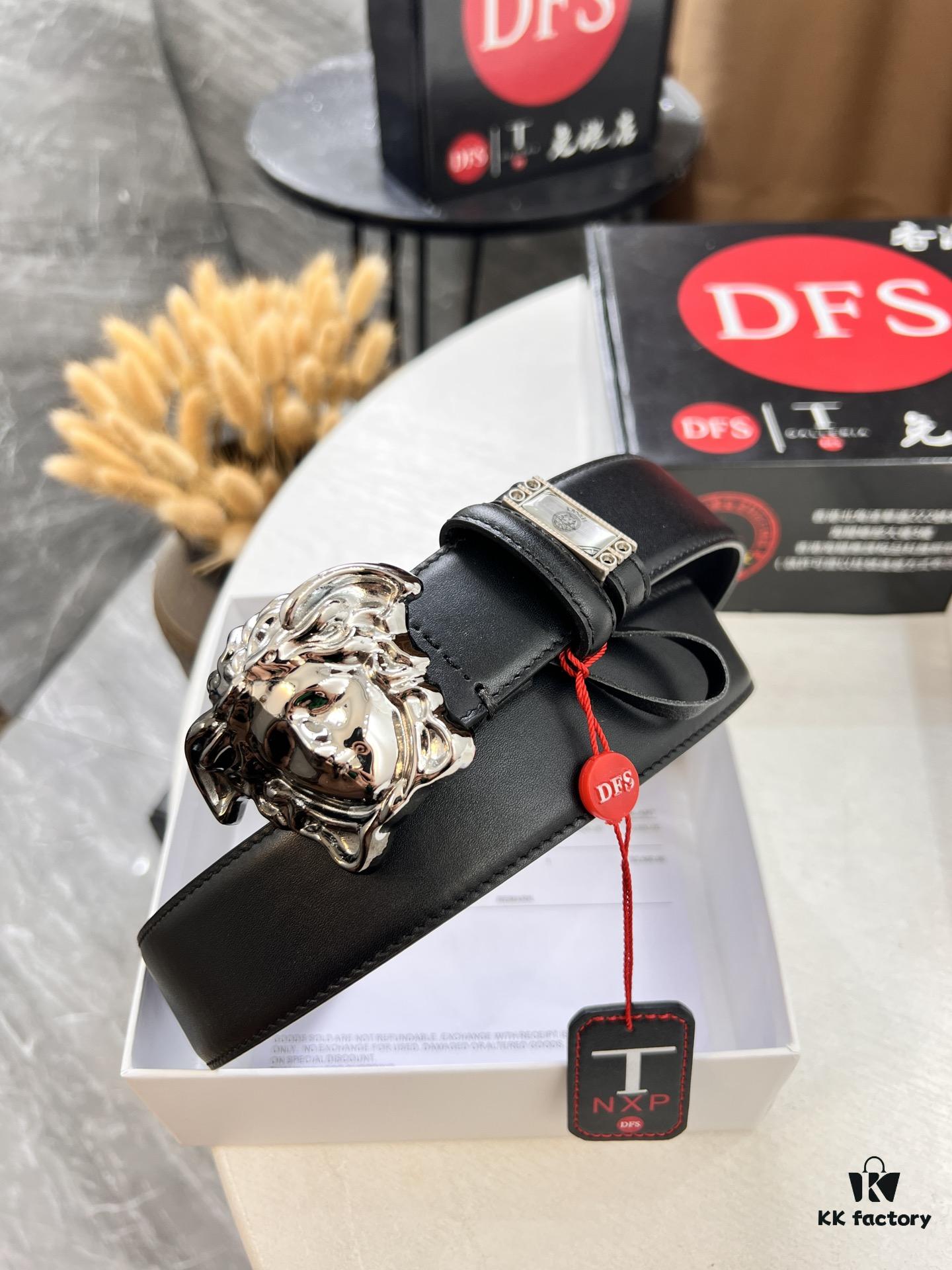 Versace Medusa Belt - Original Order, Italian Imported Calfskin with Crocodile Texture, 3.8cm Width, Authentic Hardware, Hong Kong Duty-Free Gift Box