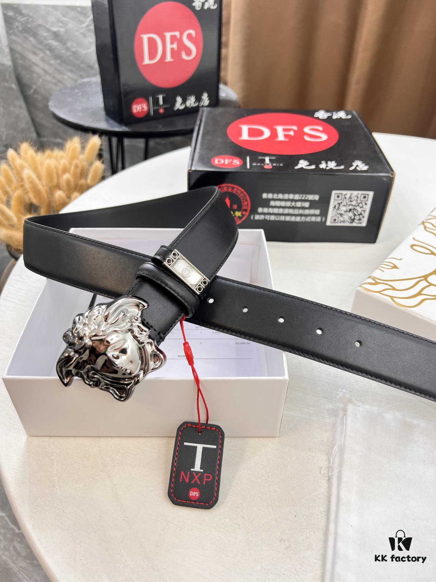 Versace Medusa Belt - Original Order, Italian Imported Calfskin with Crocodile Texture, 3.8cm Width, Authentic Hardware, Hong Kong Duty-Free Gift Box