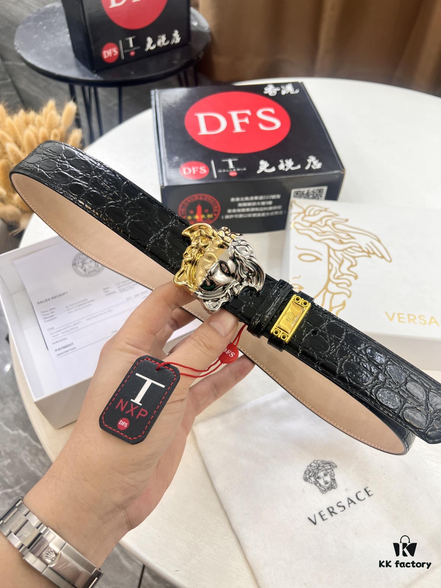 Versace Medusa Belt - Original Factory Order, Italian Imported Calfskin with Crocodile Texture, 3.8cm Width, Authentic Hardware and NXP Anti-Counterfeit Chip