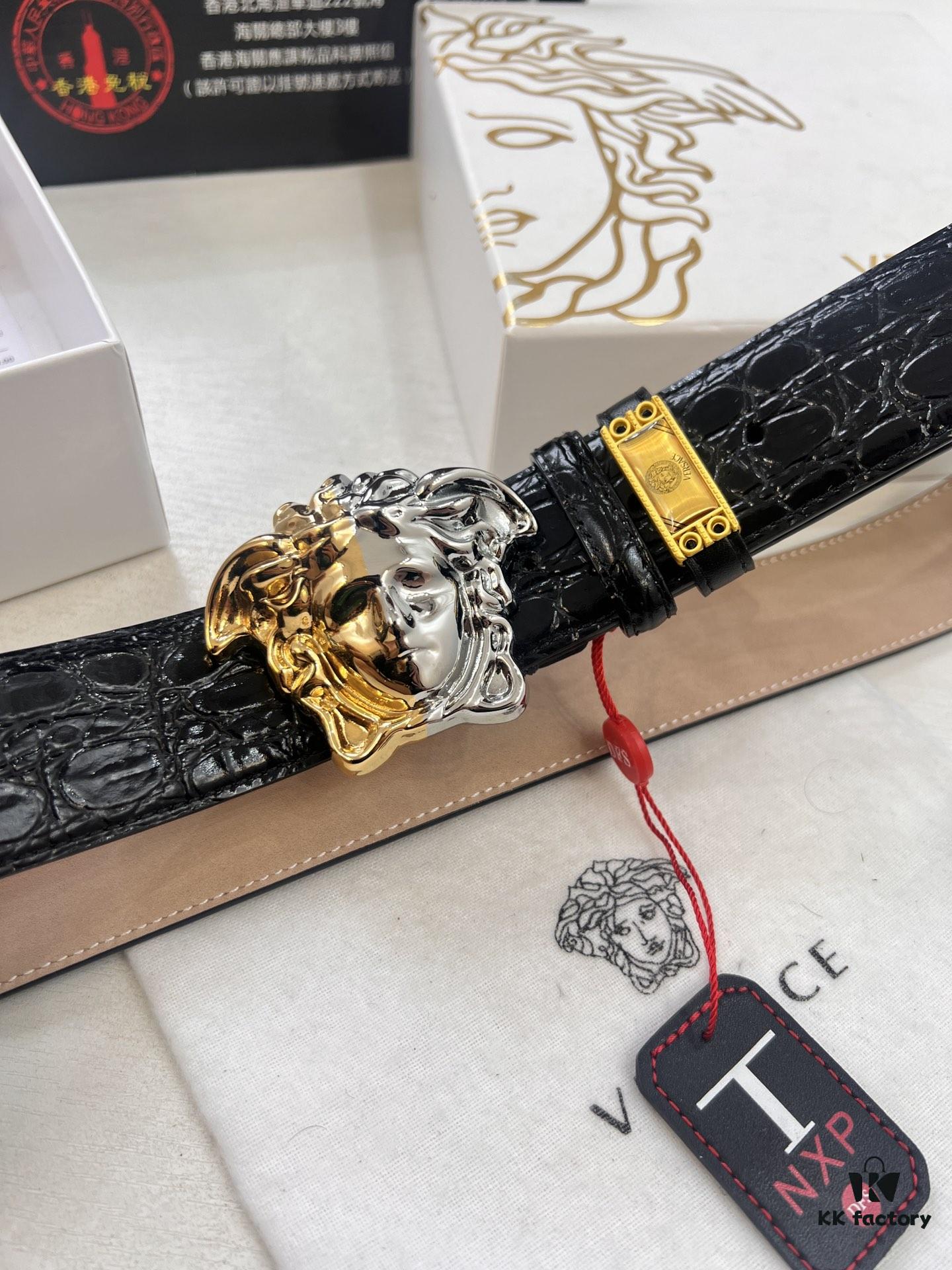 Versace Medusa Belt - Original Factory Order, Italian Imported Calfskin with Crocodile Texture, 3.8cm Width, Authentic Hardware and NXP Anti-Counterfeit Chip