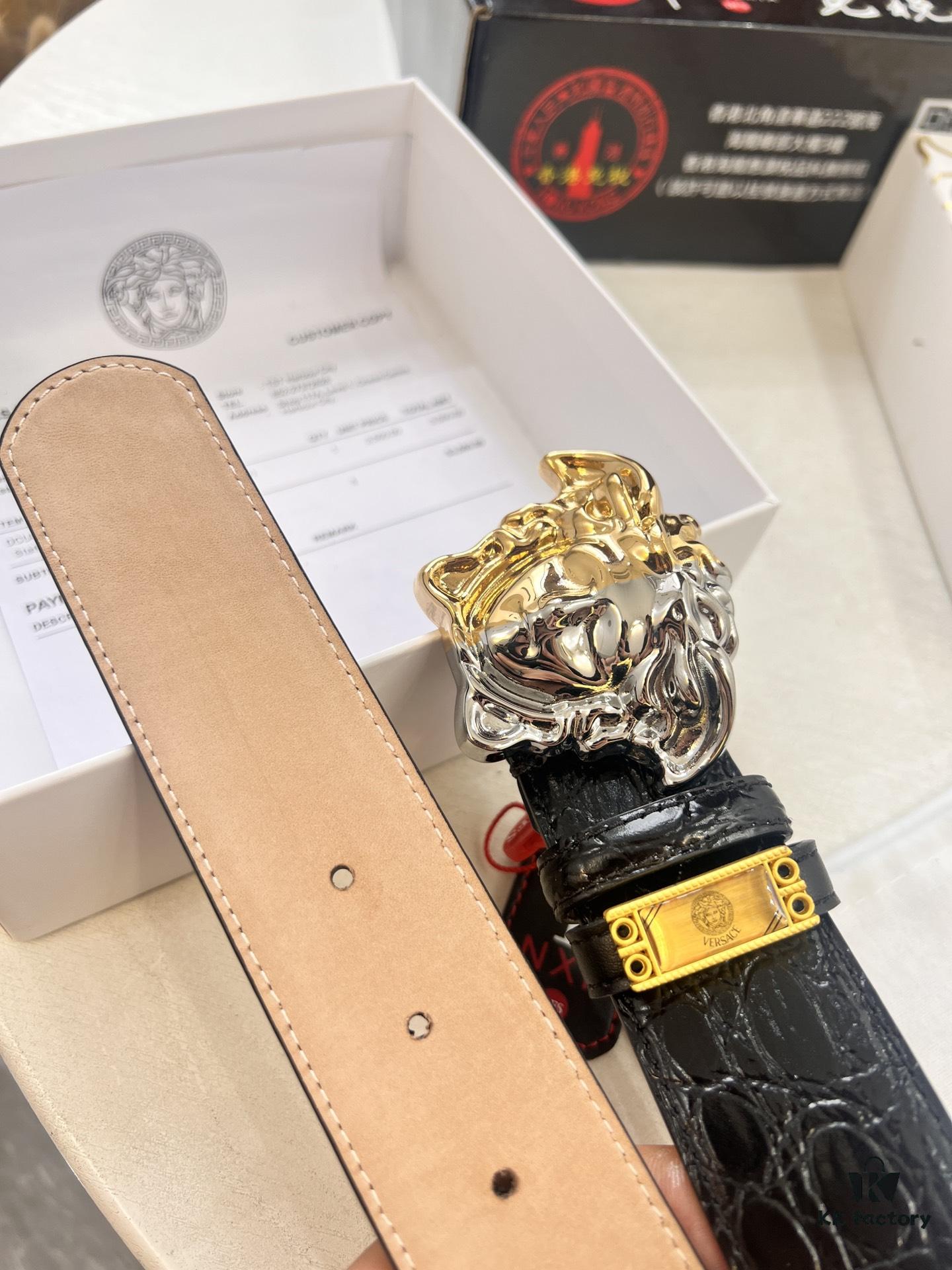 Versace Medusa Belt - Original Factory Order, Italian Imported Calfskin with Crocodile Texture, 3.8cm Width, Authentic Hardware and NXP Anti-Counterfeit Chip