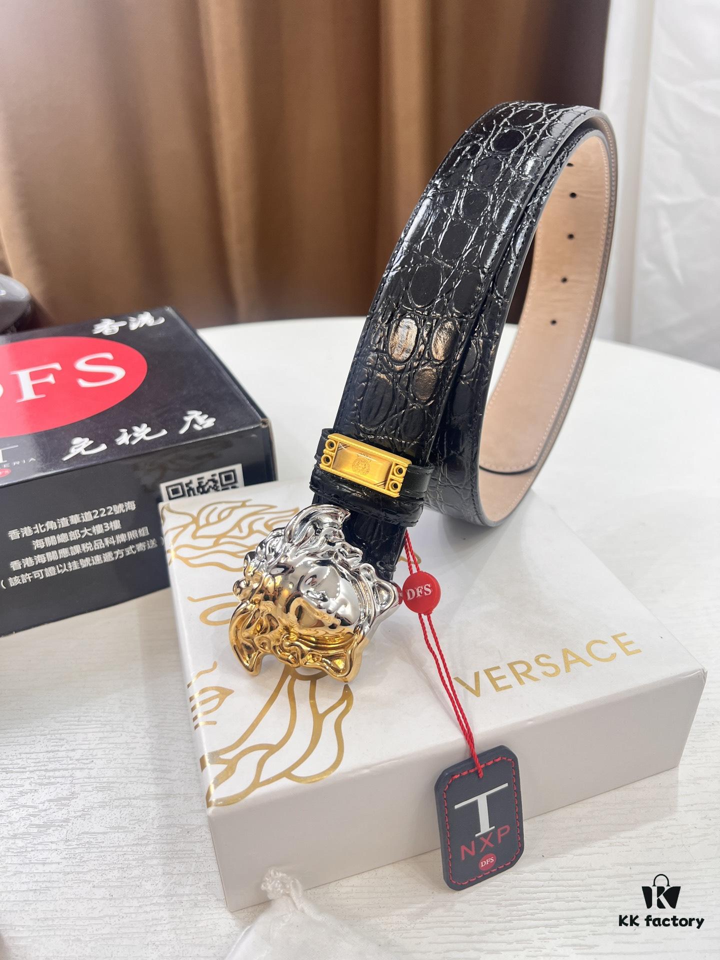 Versace Medusa Belt - Original Factory Order, Italian Imported Calfskin with Crocodile Texture, 3.8cm Width, Authentic Hardware and NXP Anti-Counterfeit Chip