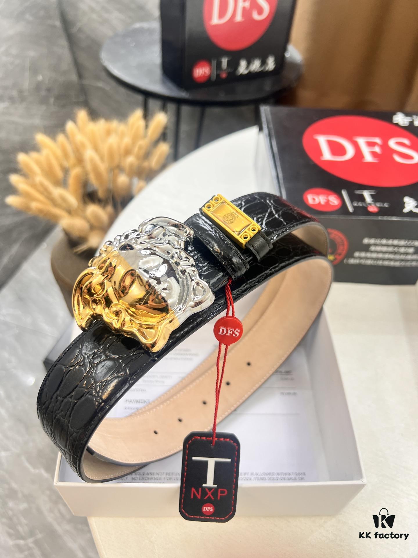 Versace Medusa Belt - Original Factory Order, Italian Imported Calfskin with Crocodile Texture, 3.8cm Width, Authentic Hardware and NXP Anti-Counterfeit Chip