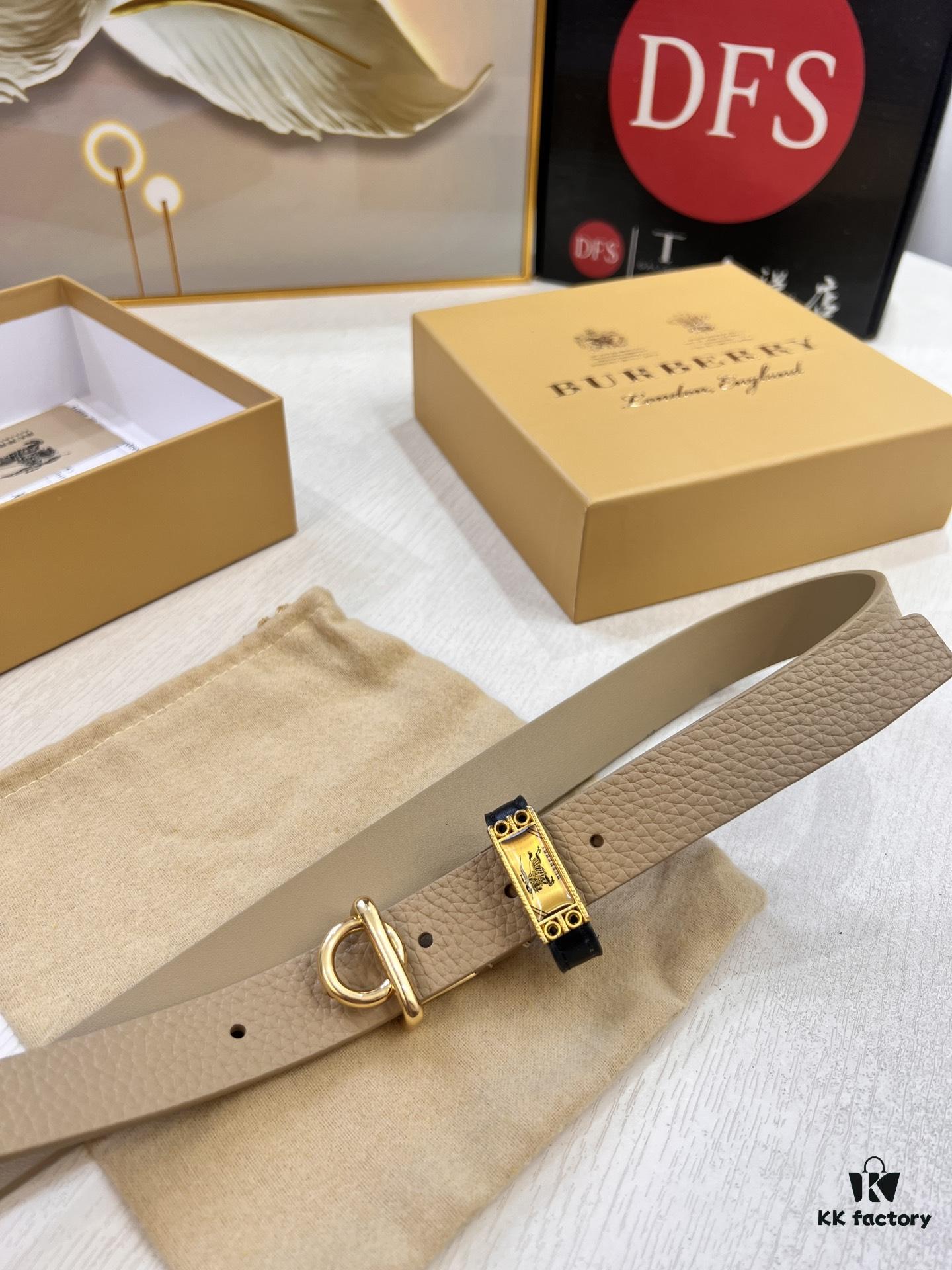 Burberry Equestrian Women's Leather Belt, Top-Quality Full-Grain Calfskin with Steel Buckle, 2.0cm Width, Fashionable and Soft to Touch