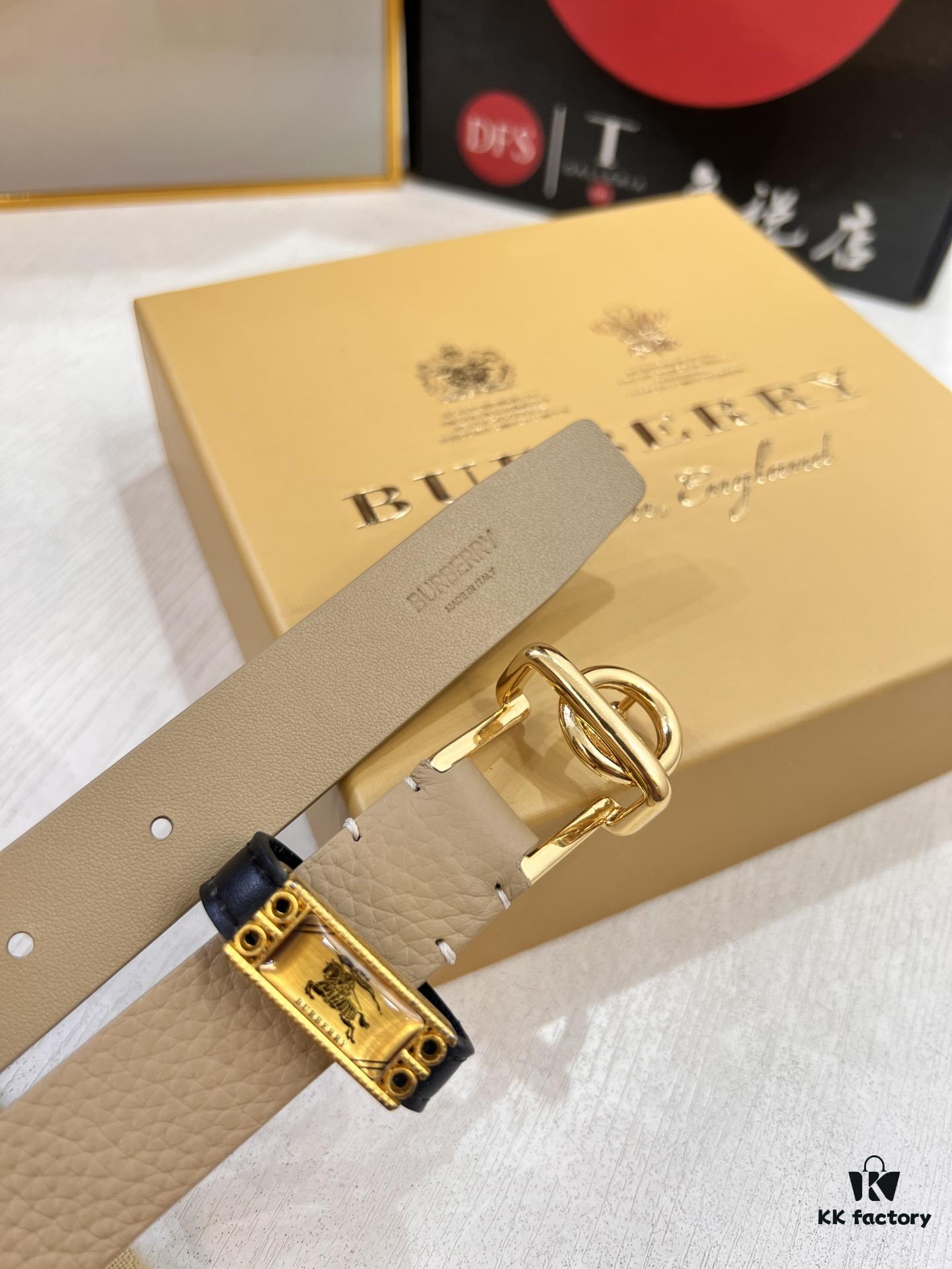 Burberry Equestrian Women's Leather Belt, Top-Quality Full-Grain Calfskin with Steel Buckle, 2.0cm Width, Fashionable and Soft to Touch