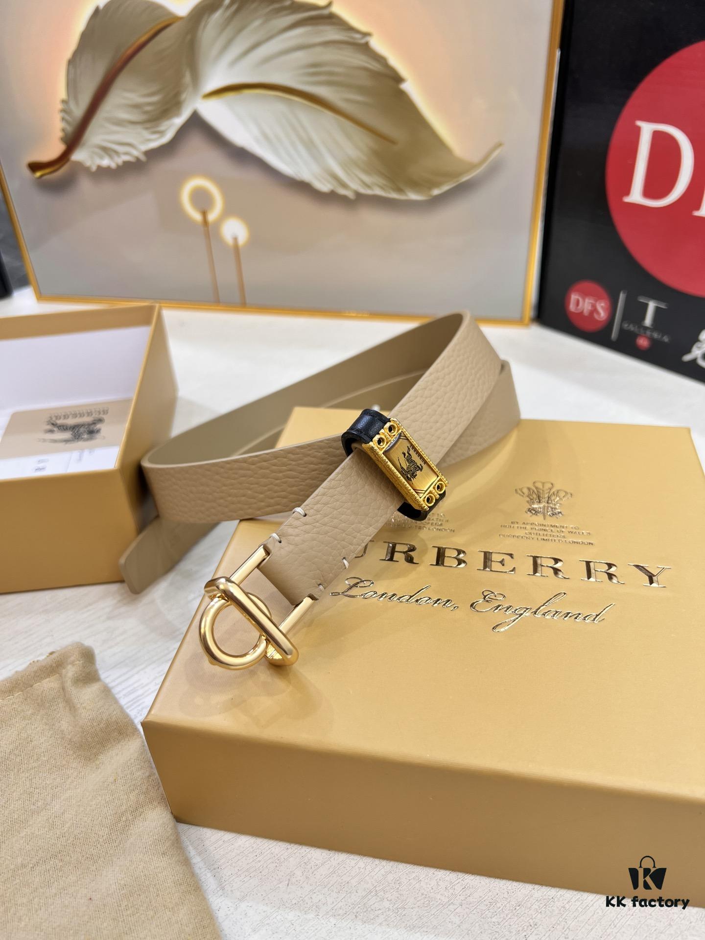 Burberry Equestrian Women's Leather Belt, Top-Quality Full-Grain Calfskin with Steel Buckle, 2.0cm Width, Fashionable and Soft to Touch