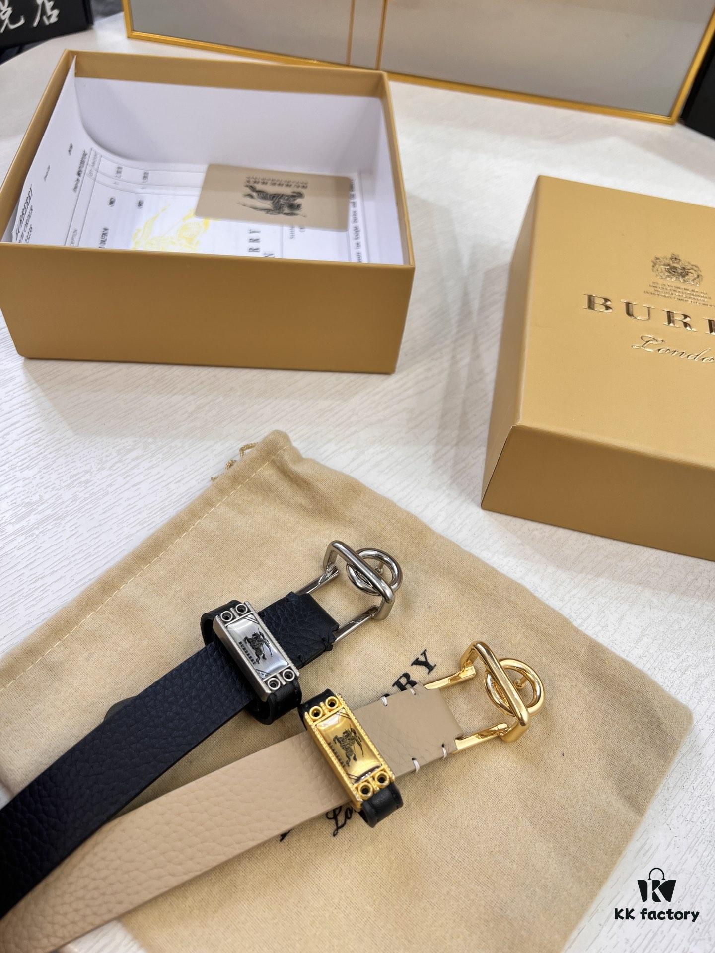 Burberry Equestrian Women's Leather Belt, Top-Quality Full-Grain Calfskin with Steel Buckle, 2.0cm Width, Fashionable and Soft to Touch