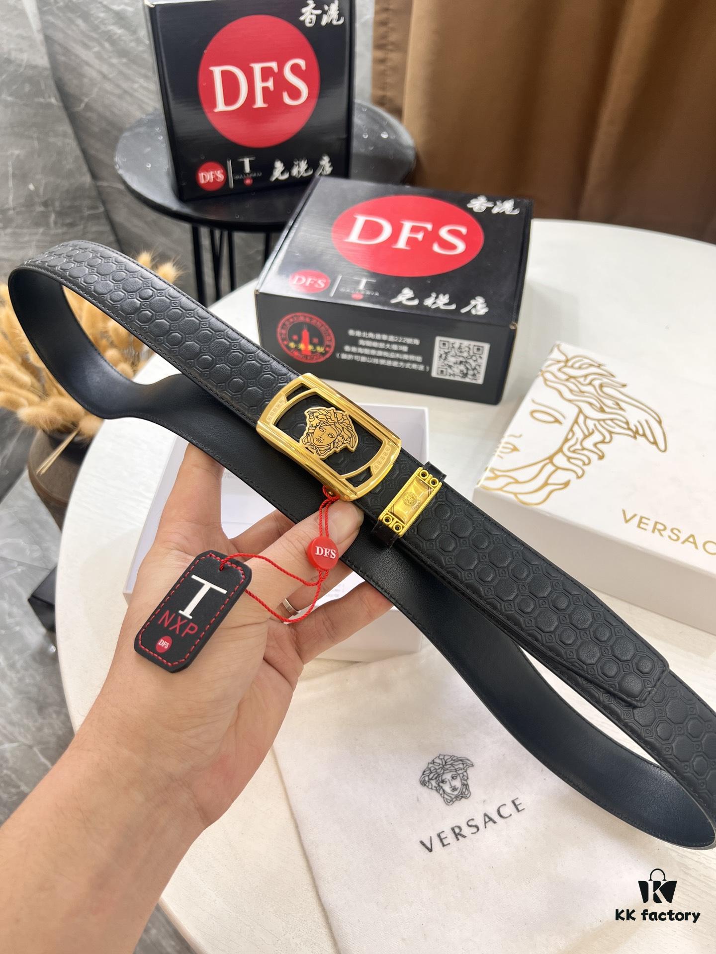 Versace Automatic Buckle Belt, Custom Embossed Top Grain Imported Leather with Fine Calfskin, 3.5cm Width, Premium Business Formal Belt