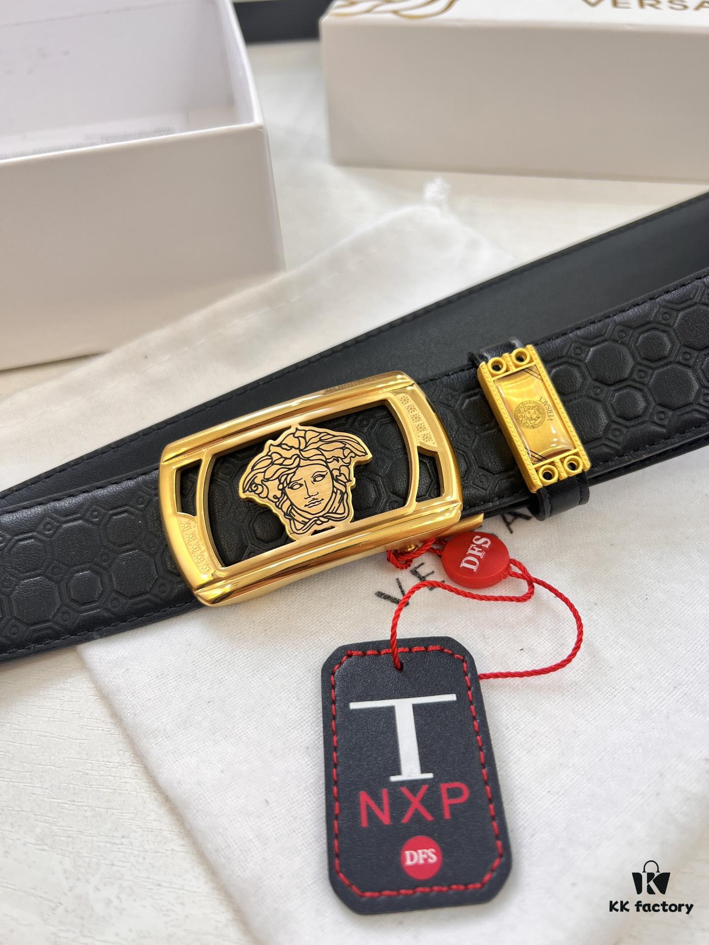 Versace Automatic Buckle Belt, Custom Embossed Top Grain Imported Leather with Fine Calfskin, 3.5cm Width, Premium Business Formal Belt