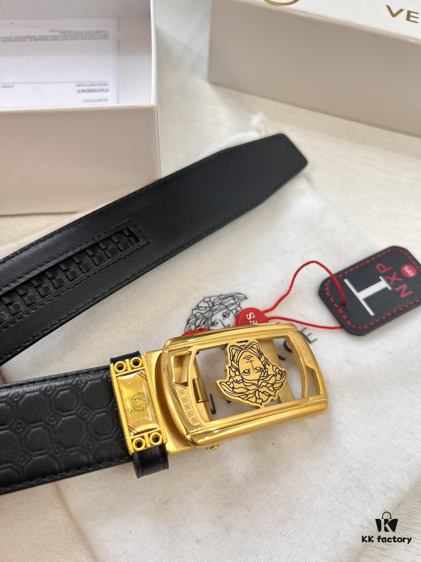 Versace Automatic Buckle Belt, Custom Embossed Top Grain Imported Leather with Fine Calfskin, 3.5cm Width, Premium Business Formal Belt