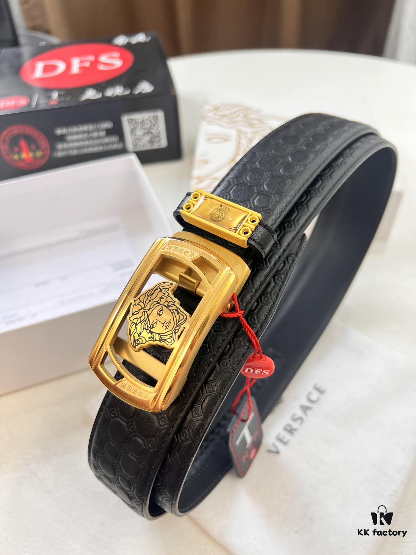 Versace Automatic Buckle Belt, Custom Embossed Top Grain Imported Leather with Fine Calfskin, 3.5cm Width, Premium Business Formal Belt