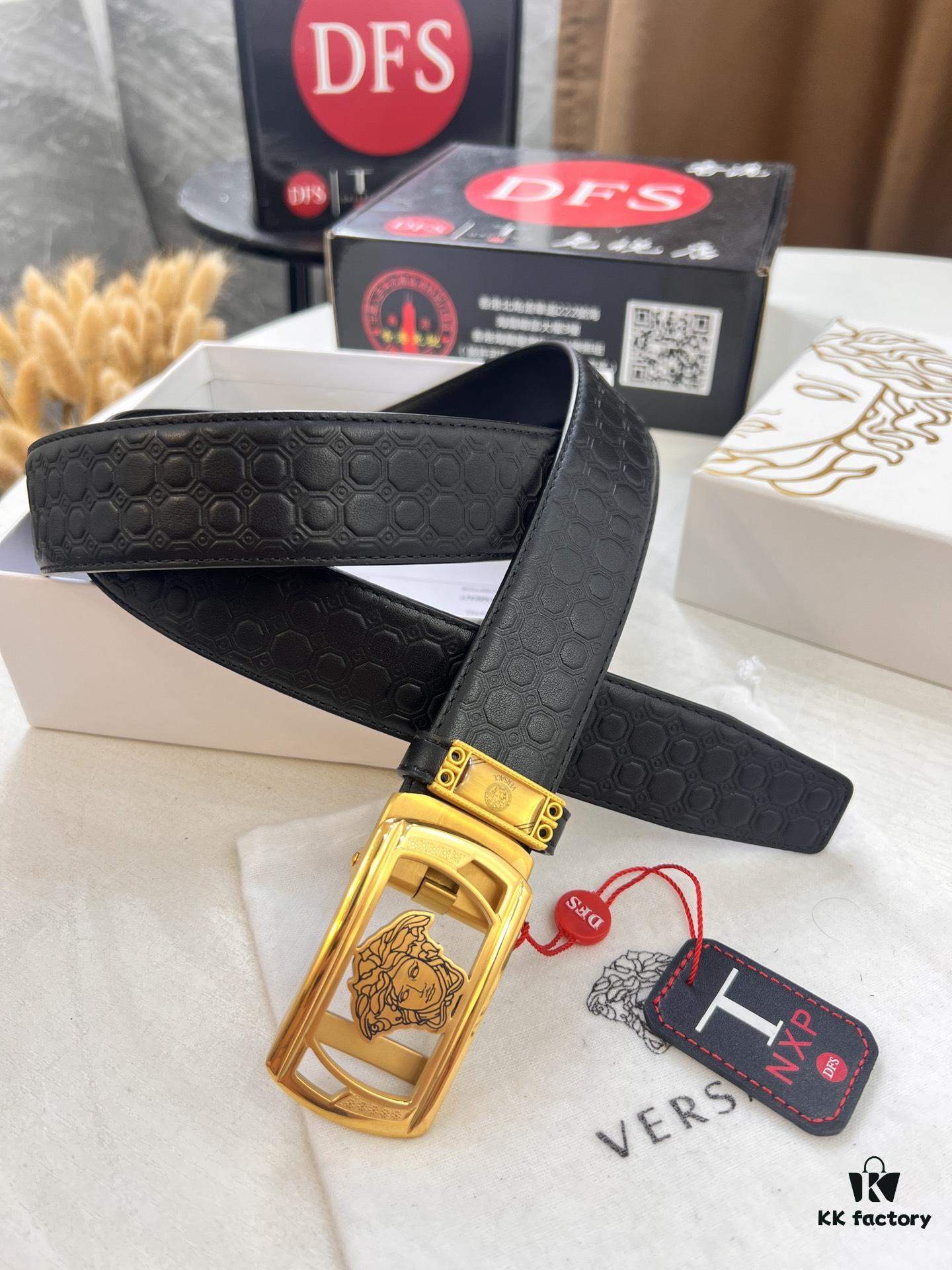 Versace Automatic Buckle Belt, Custom Embossed Top Grain Imported Leather with Fine Calfskin, 3.5cm Width, Premium Business Formal Belt