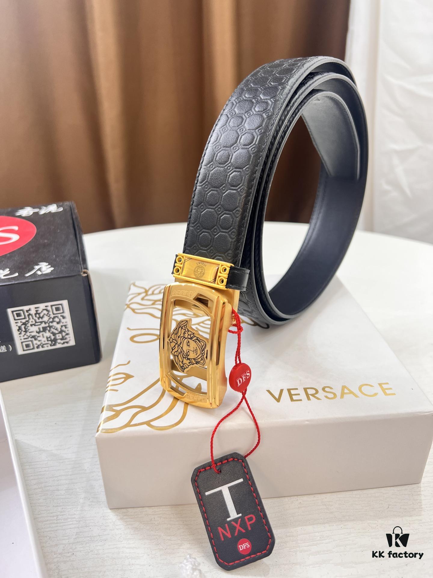 Versace Automatic Buckle Belt, Custom Embossed Top Grain Imported Leather with Fine Calfskin, 3.5cm Width, Premium Business Formal Belt