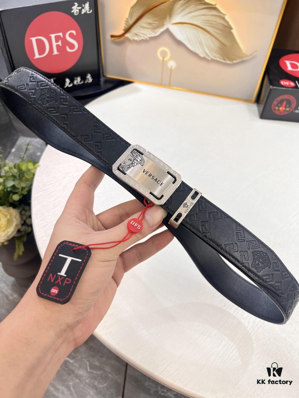 VERSACE Automatic Buckle Belt - Premium Top Grain Imported Leather with Medusa Embossing, 3.5cm Width, Smooth Slide Track Clasp